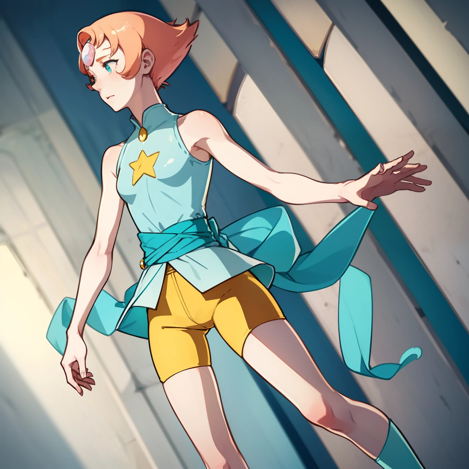 1girl, Pearl, pale, ivory complexion, light-cyan eyes, peach-colored hair, forehead gem, teal leotard with skirt, yellow shorts, star emblem, swept-back hair, short hair, pearl gem, pointy nose, perfect anatomy, better hands, cyan blush, shy expression