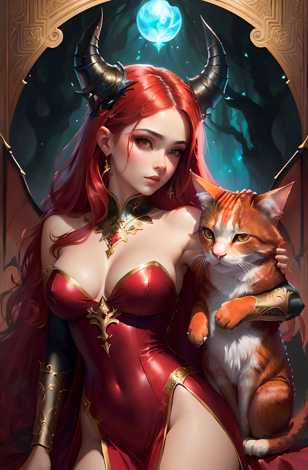 um close up de uma mulher em um vestido vermelho segurando um gato, estilo de arte de fantasia, Epic fantasy art style, Artgerm e RossDrew, epic fantasy HD art style, arte fantasia behance, Alena Aenami e Artgerm, Artgerm extremamente detalhado, Artgerm e Ruan Jia, arte estilo fantasia, olhos laranjas