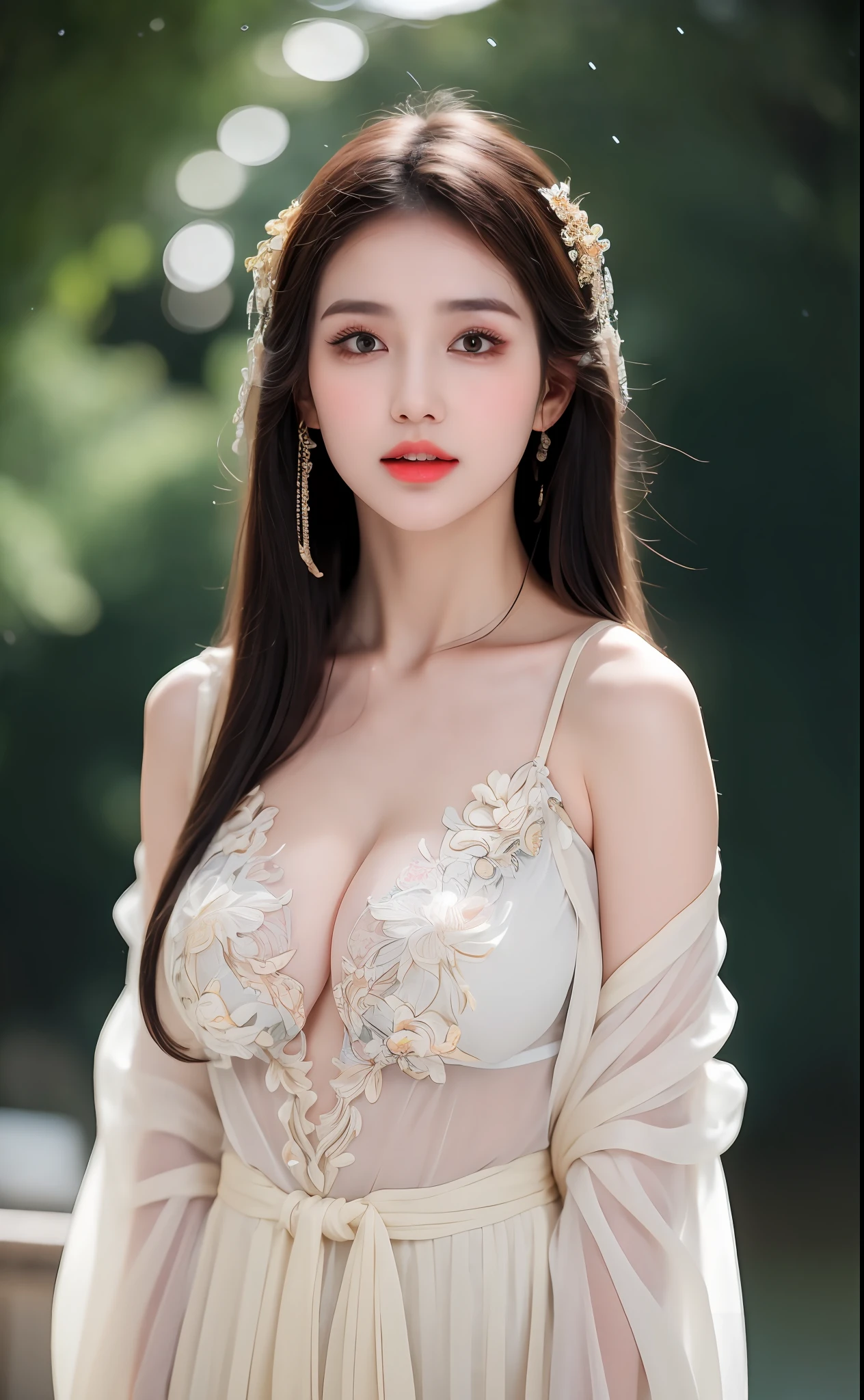 ((Best Quality, 8k, Masterpiece: 1.3)), Focus: 1.2, Perfect Body Beauty: 1.4, Buttocks: 1.2, ((Layered Haircut)), (Wet Clothes: 1.1), (Rain, Street:1.3), (Breasts: 1.2), (Hanfu: 1.2), Bare Shoulders, Bare Legs, Highly Detailed Face and Skin Texture, Fine Eyes, Double Eyelids, Whitened Skin, Long Hair, (Shut Up: 1.5), (Bokeh Background: 1.5), Big Breasts