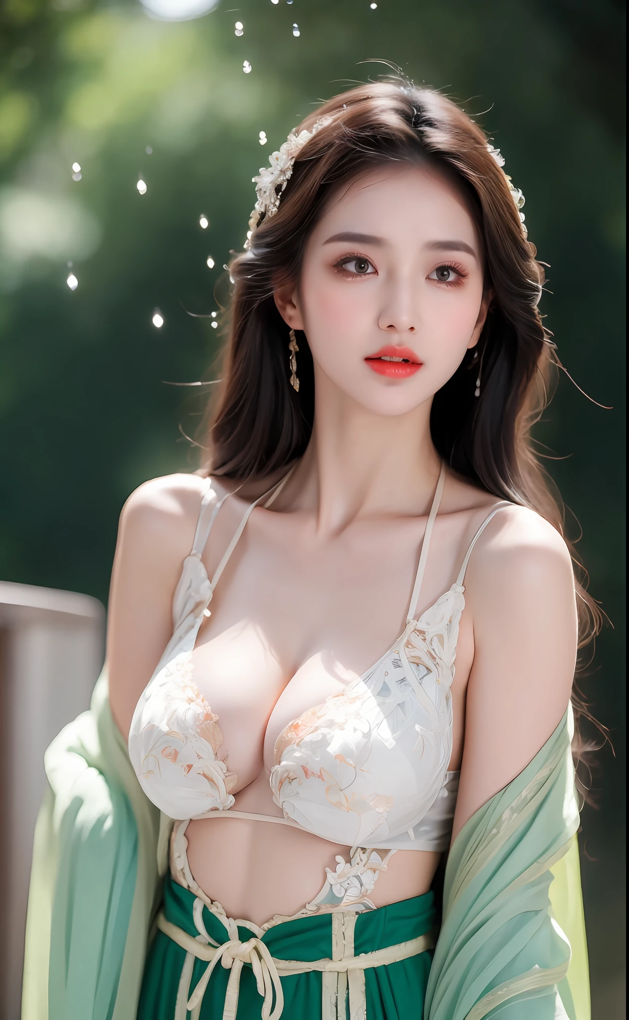 ((Best Quality, 8k, Masterpiece: 1.3)), Focus: 1.2, Perfect Body Beauty: 1.4, Buttocks: 1.2, ((Layered Haircut)), (Wet Clothes: 1.1), (Rain, Street:1.3), (Breasts: 1.2), (Hanfu: 1.2), Bare Shoulders, Bare Legs, Highly Detailed Face and Skin Texture, Fine Eyes, Double Eyelids, Whitened Skin, Long Hair, (Shut Up: 1.5), (Bokeh Background: 1.5), Big Breasts