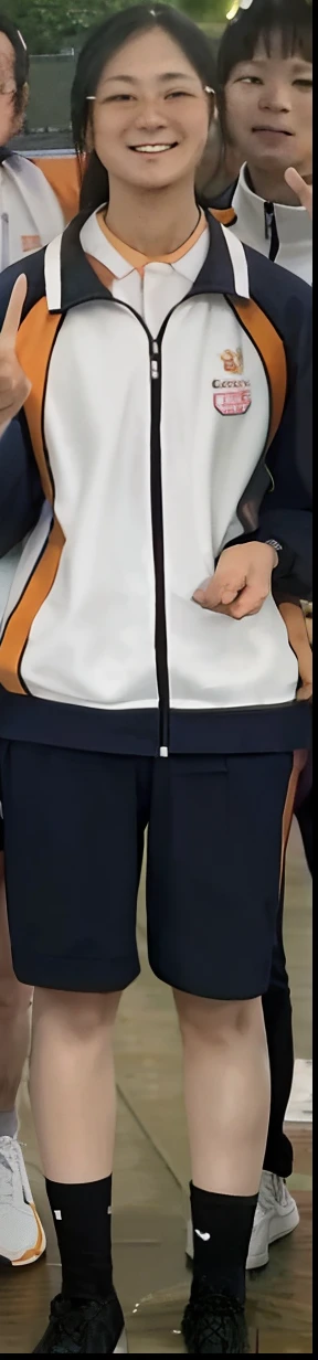 there are many people standing together in a group posing for a picture, Wearing track suit, Wearing track suit, wearing track and field suit, JK school uniform, track suit, hand on hips, heavy gesture style closeup, hand on hips, in school uniform, the forefoot to make a v gesture, wearing a jacket, tracktop jacket, Zoom-out shot