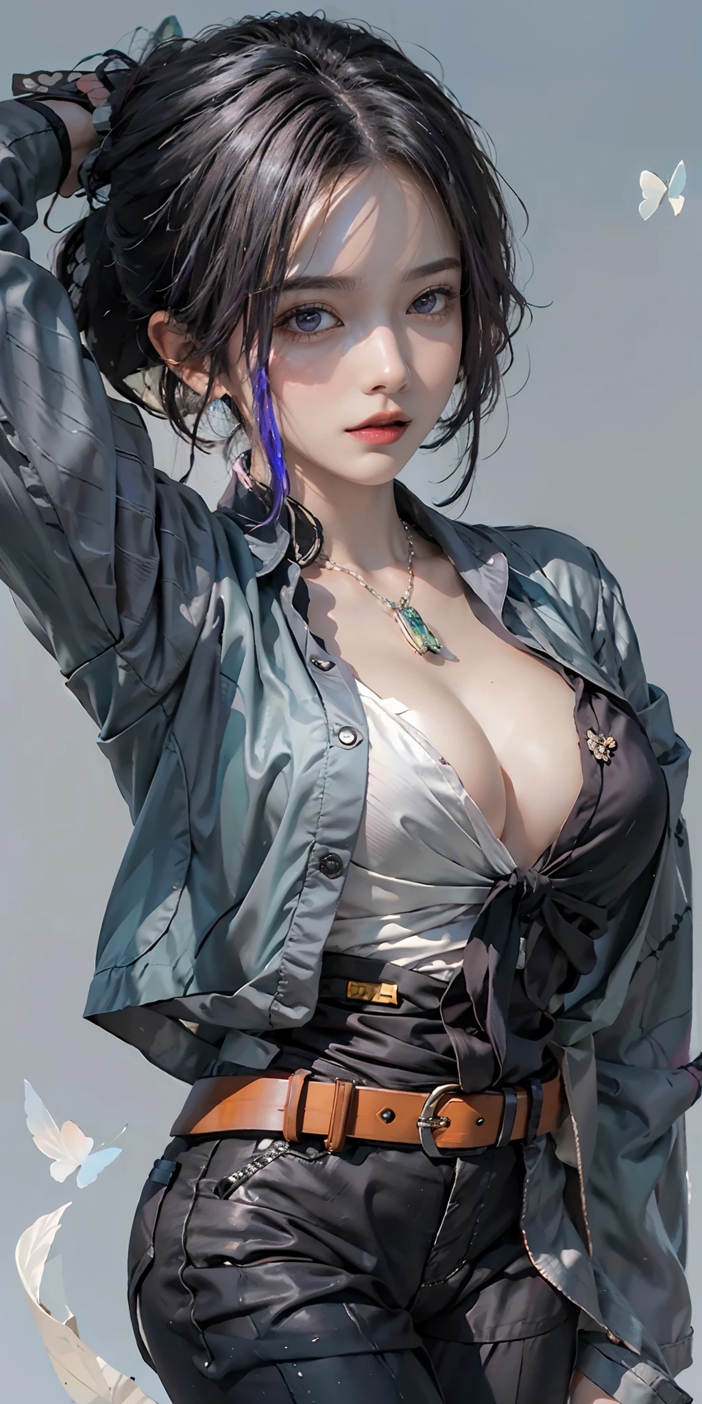 photorealistic, high resolution, soft light,1women, solo, hips up, (detailed face), nami \(one piece\), tattoo, jewelry,kochou shinobu,multicolored hair,no bangs,hair intakes,purple eyes,forehead,black shirt,black pants,haori,butterfly,buttons,belt, katana
