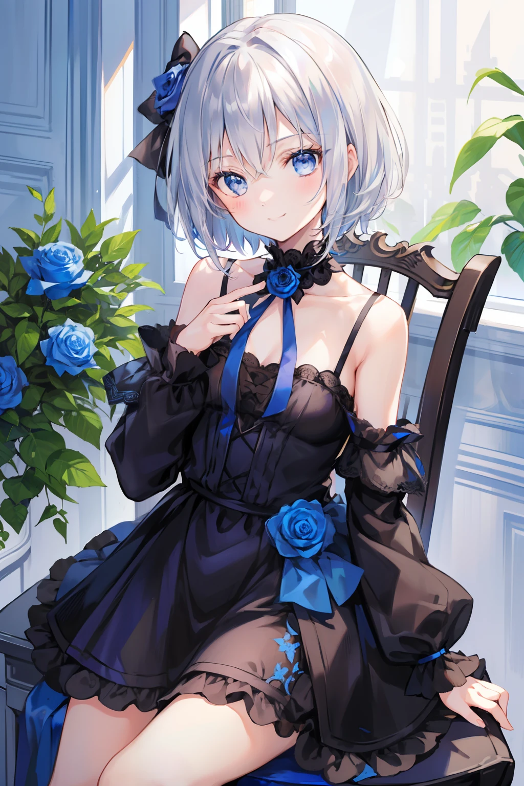 masterpiece, hyper quality, 1girl, solo girl, silver hair, blue eyes, sharp eyes, straight hair, (short hair), ((shoulder-length hair)), a black dress, frilled, long sleeves, holding a blue rose, a blue rose, (with a blue rose in one hand), sitting on the chair, little smiling, a small smile, little bright background