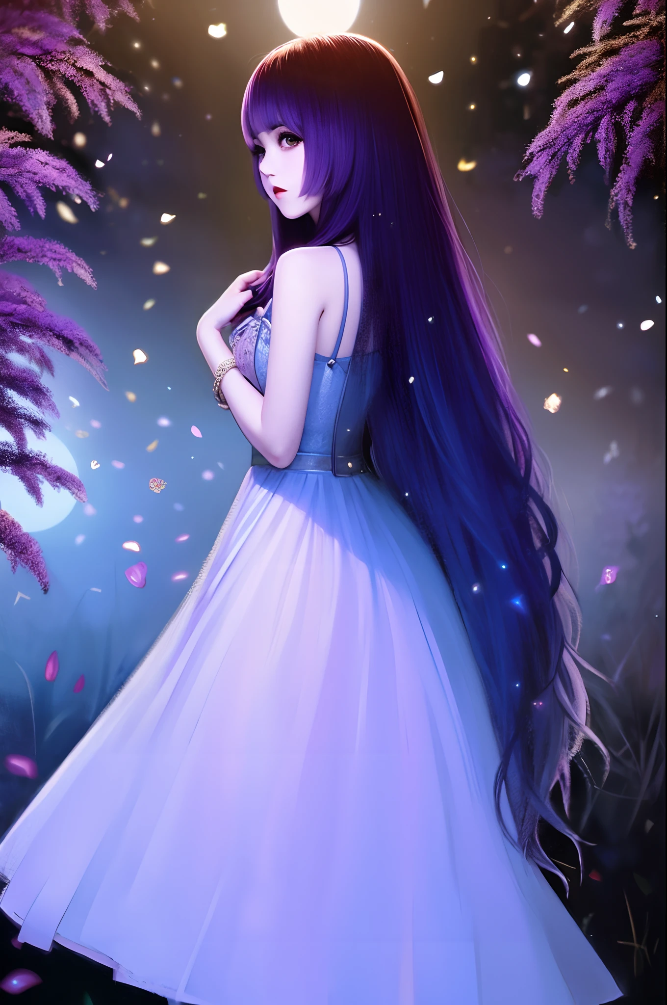 In the dark，Longhaired Beauty，Wearing a dark blue transparent lace dress,Hands in front of you，Lilac tones，Under the stars in the moonlight，extreme light，Outstanding light and shadow，in wonderland