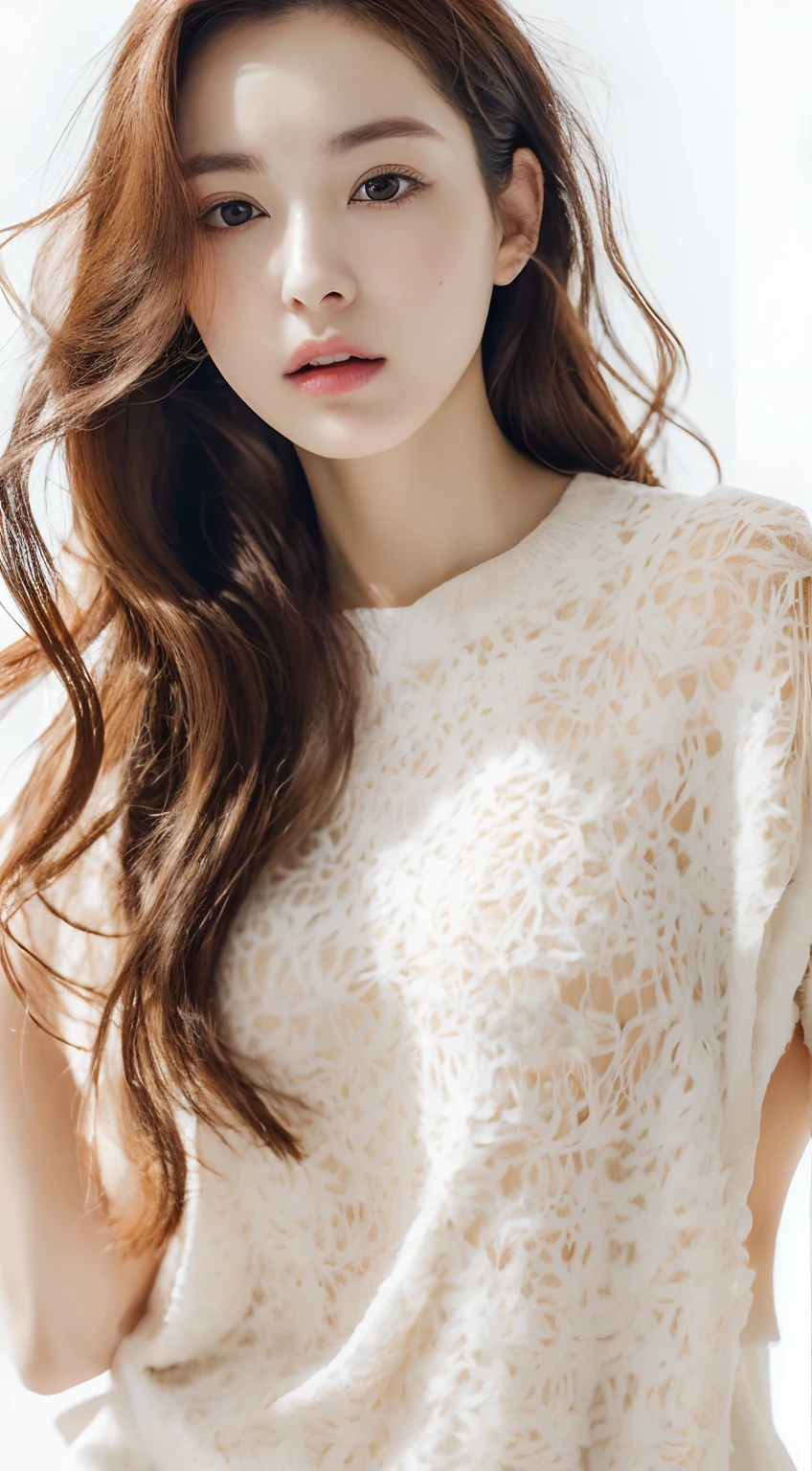 (Detailed Full Body RAW Pictures of Women: 1.5), ((masutepiece, of the highest quality, High Definition)), 1 cool woman, (Photorealistic: 1.4), Solo, Pure white background, Cool makeup, (Tight outer boulevard hair, Dark brown hair color: 1.4), (Cool Spring Fashion, Navy Top Ginger Style: 1.2)