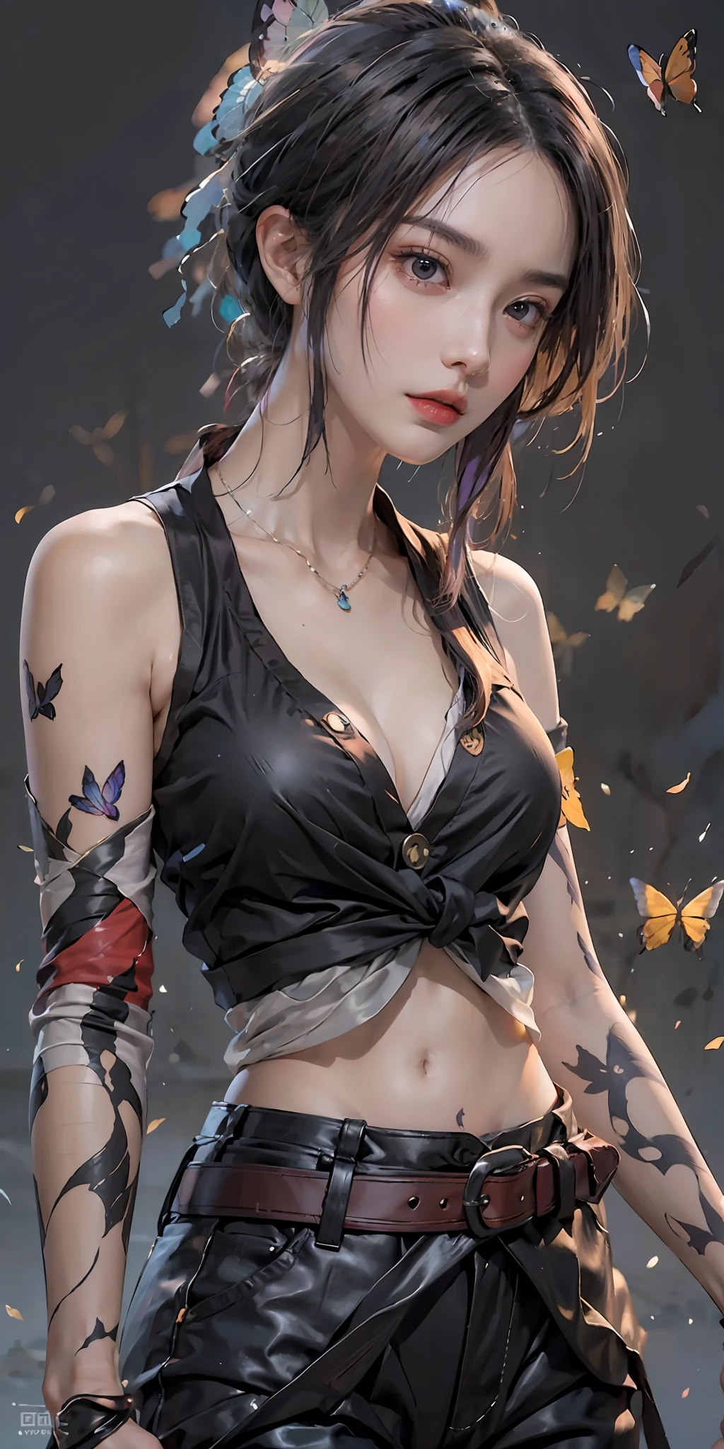 photorealistic, high resolution, soft light,1women, solo, hips up, (detailed face), nami \(one piece\), tattoo, jewelry,kochou shinobu,multicolored hair,no bangs,hair intakes,purple eyes,forehead,black shirt,black pants,haori,butterfly,buttons,belt, katana