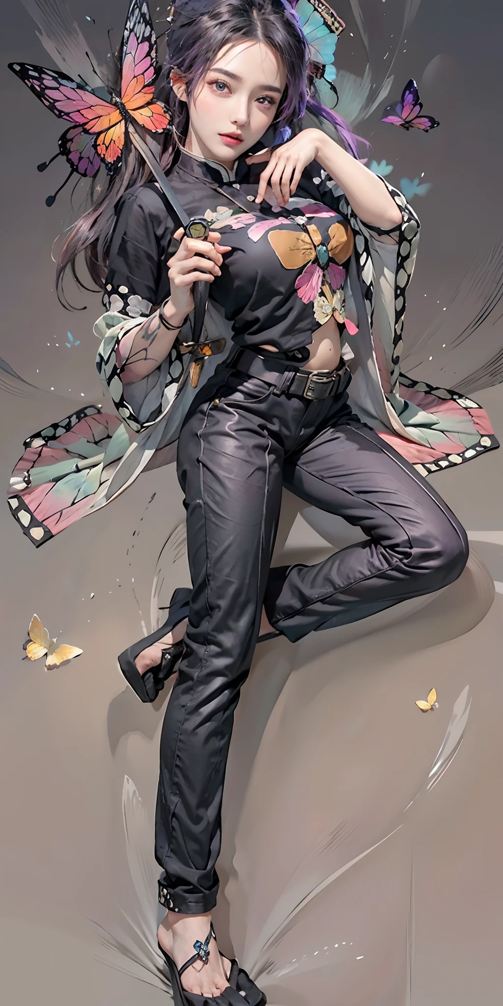 photorealistic, high resolution, soft light,1women, solo, hips up, (detailed face), nami \(one piece\), tattoo, jewelry,kochou shinobu,multicolored hair,no bangs,hair intakes,purple eyes,forehead,black shirt,black pants,haori,butterfly,buttons,belt, katana