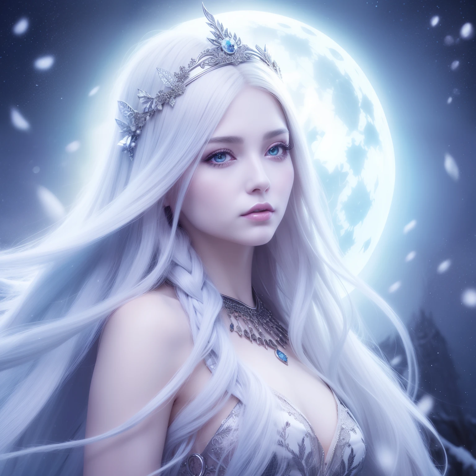 Woman with long hair, goddess of winter, gorgeous digital art, beautiful gorgeous digital art, beautiful fantasy art portrait, Cute face. Dark Fantasy, Very beautiful digital art, beautiful digital works of art, Beautiful digital art, beautiful fantasy portrait, beautiful ancient frost witch, digital art fantasy art, gothic fantasy art, winter princess, fantasy art portrait, White Moon
