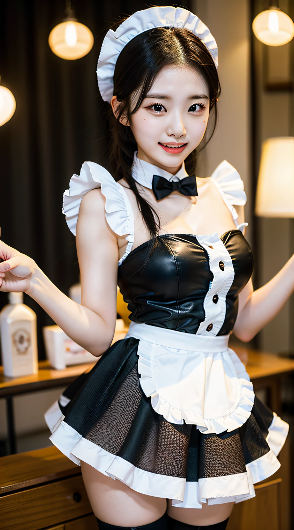 A woman wearing a black maid outfit and a white skirt, White Stockings, Mohawk hairstyle, Very beautiful. Surrounded by older gentlemen who admired her. She starts to brag playfully., Get noticed. She faces the viewer, Laughing happily, Highest Resolution, quality, detailed, Sharply focused, 