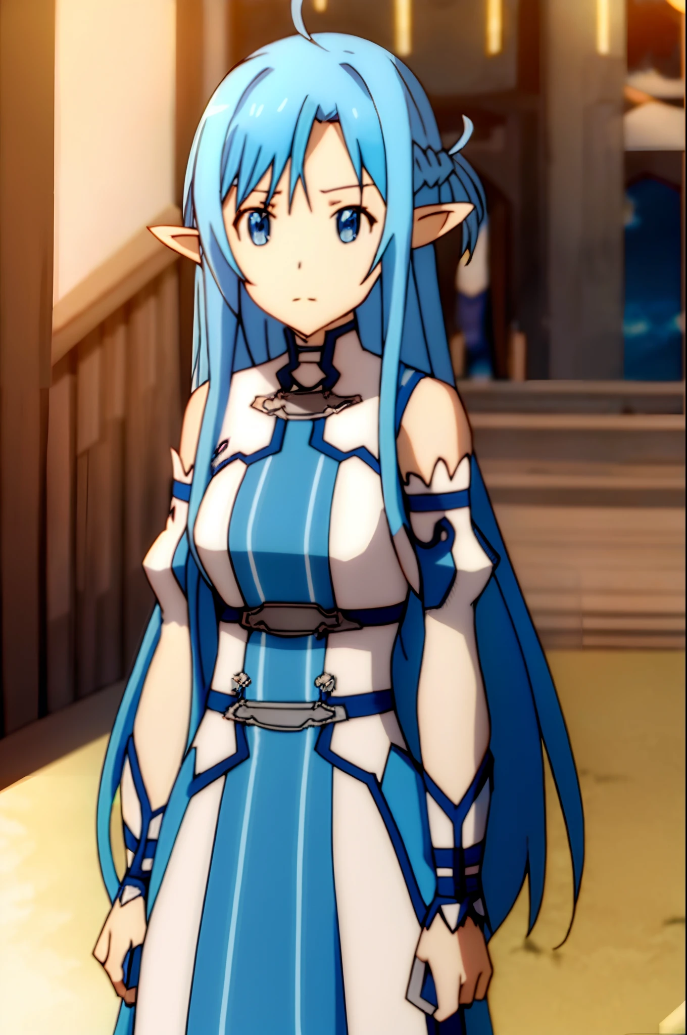 asuna alfheim, 1girl, solo, long hair, very long hair, blue hair, blue eyes, skirt, detached sleeves, thighhighs, pointy ears, zettai ryouiki, blue thighhighs, sitting, looking at viewer, outdoors, fantasy, (masterpiece) (high detailed illustration), (detailed background), (hi-res), realistic light, best quality, sharp, digital illustration, detailed, beautiful lighting