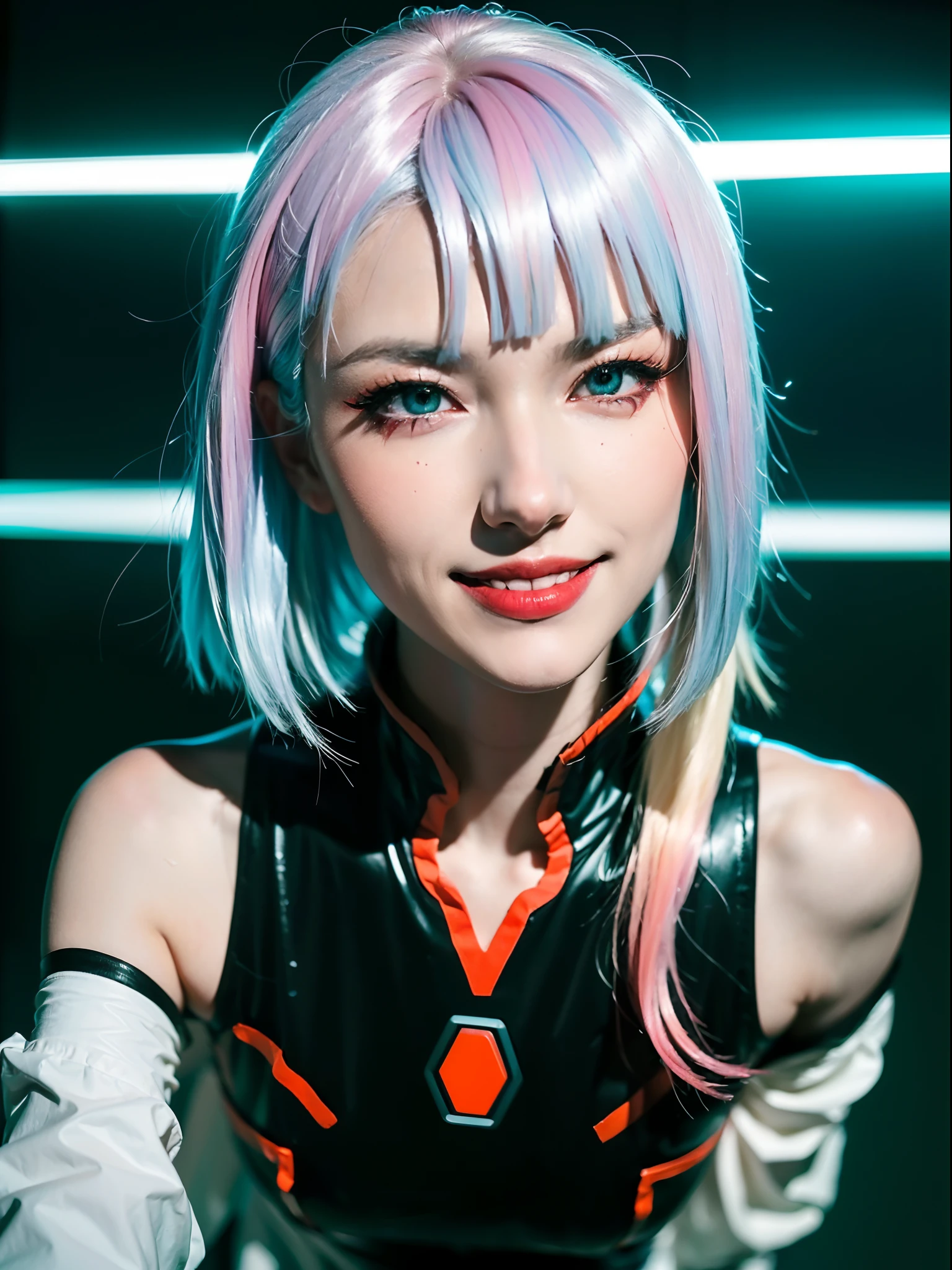 ((Masterpiece, high resolution:1.4), lucy_cyberpunk, (futuristic city at night, neon lights:1), (close up:1.2), (sexy smile:1.5) (1girl), white short hair, bangs, ((red eyeliner)), ((makeup)), red lips, white off-shouler jacket, black bodysuit, bare shoulders, white shorts, hip vent, black thighhighs, highly detailed skin, skin pores, (highly detailed face:1.2), (highly detailed eyes:1.2), realistic pupils:1.2, full face blush, full lips, (perfect anatomy:1.1), (perfect proportions:1.1), (photography:1.1), (photorealistic:1.1), volumetric lighting, dynamic lighting, real shadows, (highres:1.1), sharp focus, (realistic, hyperrealistic:1.4), intricate, high detail, dramatic, subsurface scattering, big depth of field, vivid, polished, sharpened, ((full Sharp)), (extremely absurdres),16k hdr,