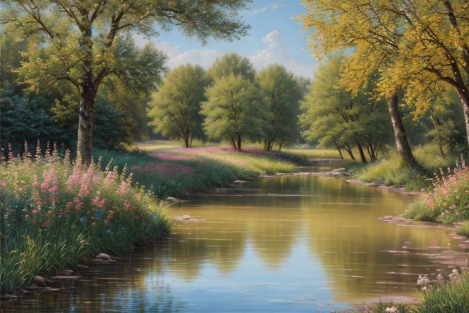 paysage,arbres, Eau, Country flowers,(Highly detailed CG Unit 8k wallpaper), The most beautiful work of art in the world, Professional majestic oil painting, complexe, High detail, mise au point nette, dramatique, Art of photorealist painting