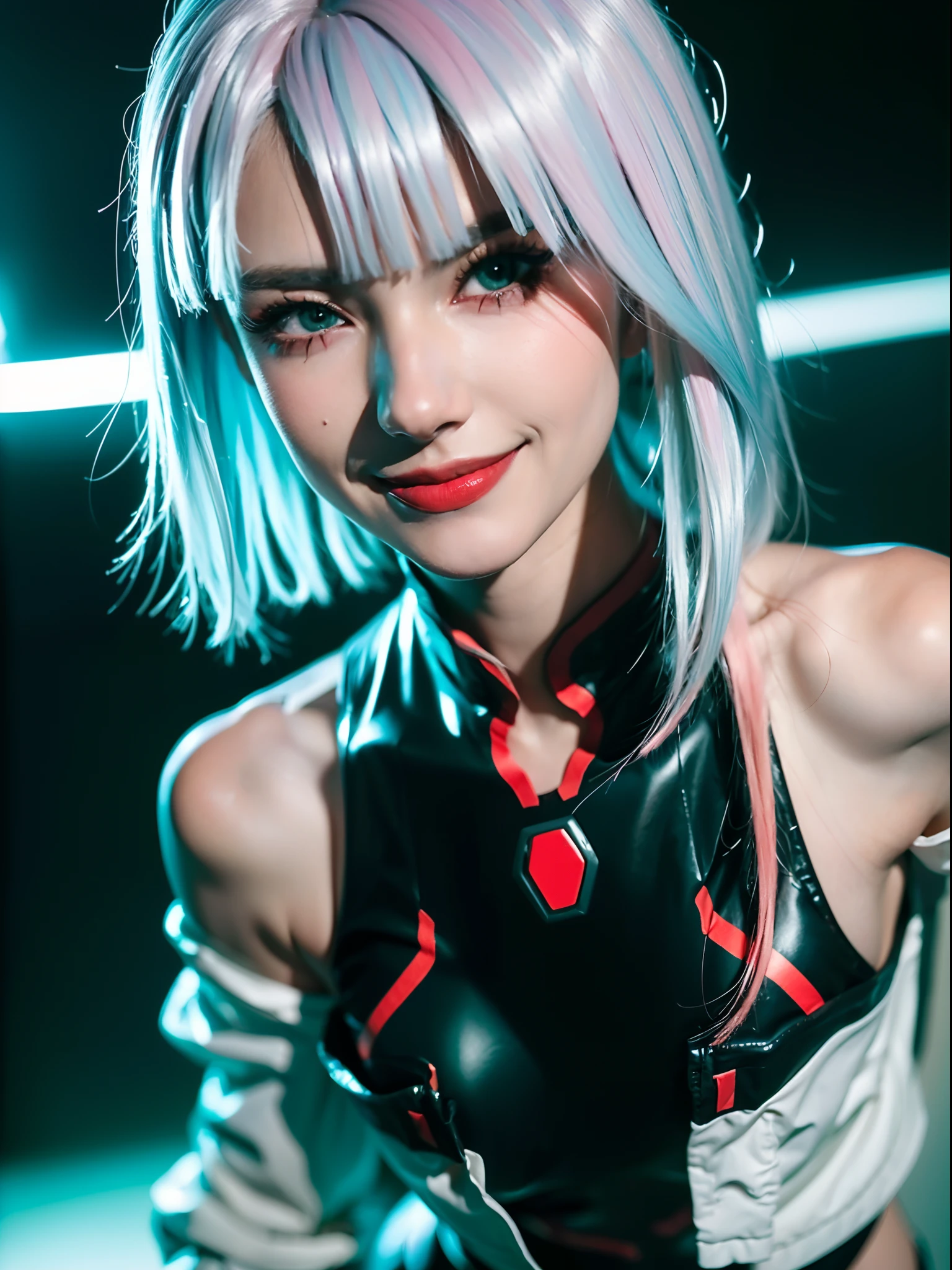 ((Masterpiece, high resolution:1.4), lucy_cyberpunk, (futuristic city at night, neon lights:1), (close up:1.2), (sexy smile:1.5) (1girl), white short hair, bangs, ((red eyeliner)), ((makeup)), red lips, white off-shouler jacket, black bodysuit, bare shoulders, white shorts, hip vent, black thighhighs, highly detailed skin, skin pores, (highly detailed face:1.2), (highly detailed eyes:1.2), realistic pupils:1.2, full face blush, full lips, (perfect anatomy:1.1), (perfect proportions:1.1), (photography:1.1), (photorealistic:1.1), volumetric lighting, dynamic lighting, real shadows, (highres:1.1), sharp focus, (realistic, hyperrealistic:1.4), intricate, high detail, dramatic, subsurface scattering, big depth of field, vivid, polished, sharpened, ((full Sharp)), (extremely absurdres),16k hdr,