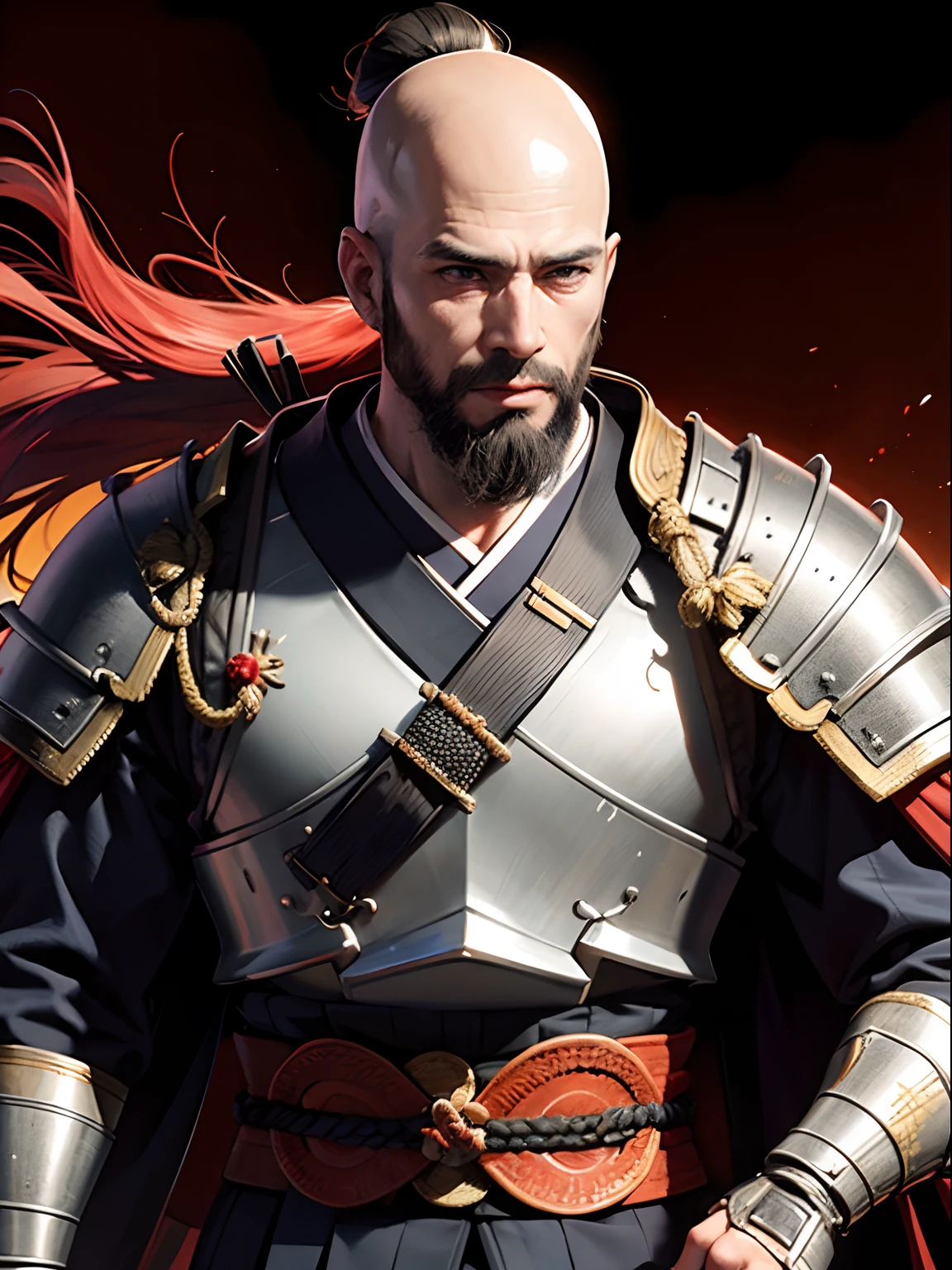Samurai kimono Wear Armor handsome muscular Bald beard hyper realistic super detailed
