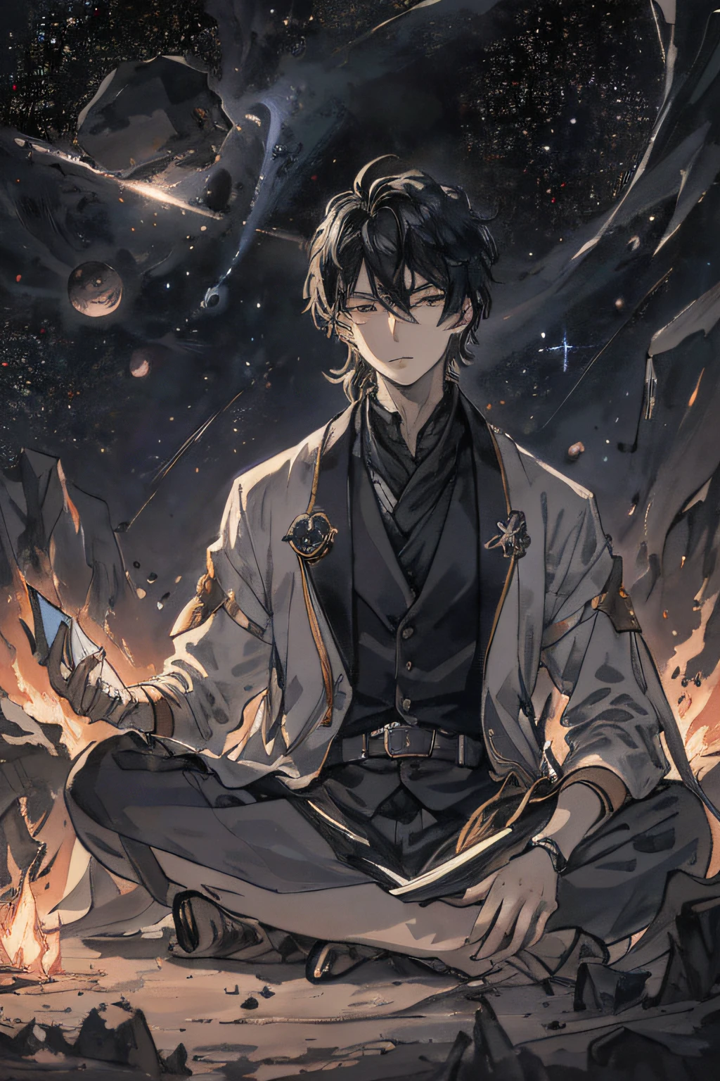 masterpiece、top-quality、Draw a young programmer sitting on a research platform floating in the middle of an asteroid belt。He is studying in a notebook surrounded by several asteroids that glow with a fiery aura。Dramatic lighting from distant stars and planets illuminates the scene、Cast a deep shadow on the suit。The young man looks confident and determined、Looking at the vast and mysterious universe with wonder and respect、facial hairs、cowboy shot、twinks、