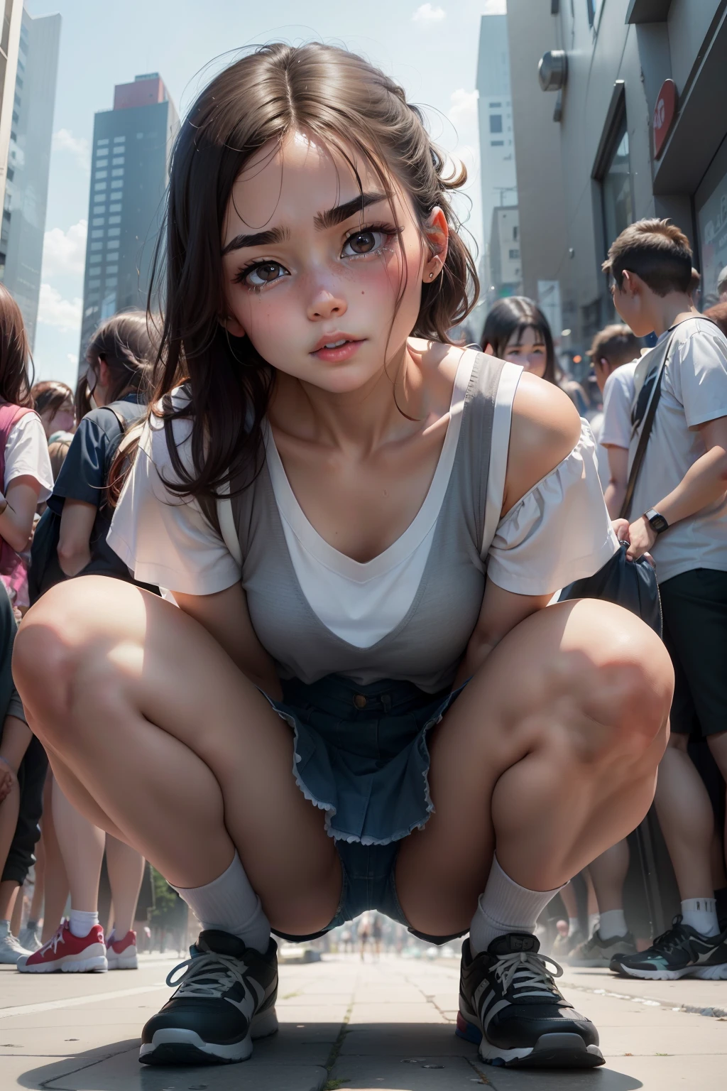 Peeing in public、Beautiful tomboy kneeling on the ground,spread their legs, (Super cute:1.6), Peeing, Tears streaming down her face, embarrased face, White vest and pull-up skirt, looking in camera, Pee accumulates under your feet, (Cute face), (((Detailed beautiful face))), (((Beautiful eyebrows))), (((In a crowded city where many people are watching))), Lower Borås