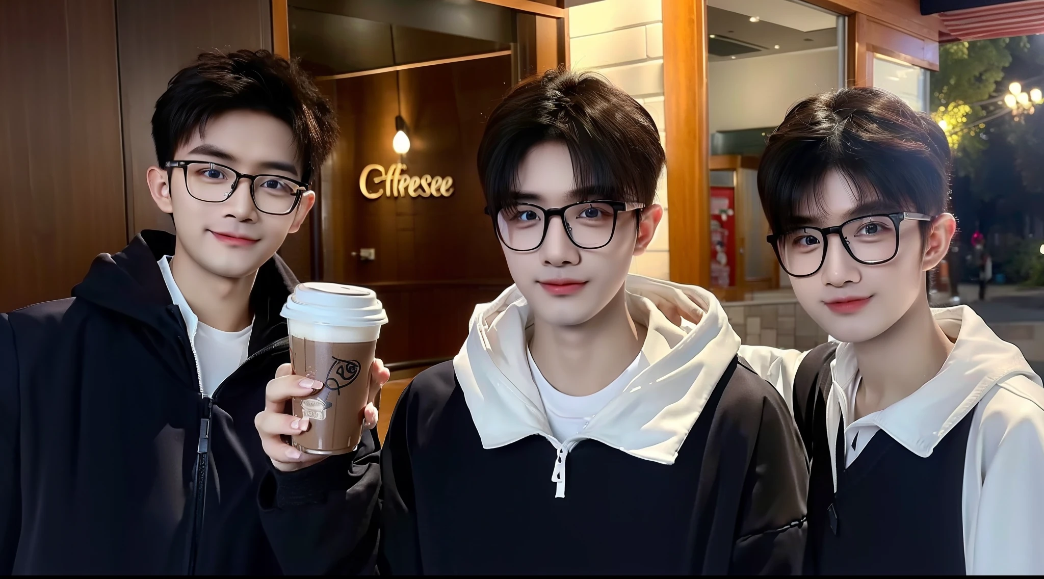 tmasterpiece，Best quality at best，the Extremely Detailed CG Unity 8K Wallpapers， 1girll,1boys，college aged， eye glass，coffeehouse， detailedbackground，ssmile，rained，greet