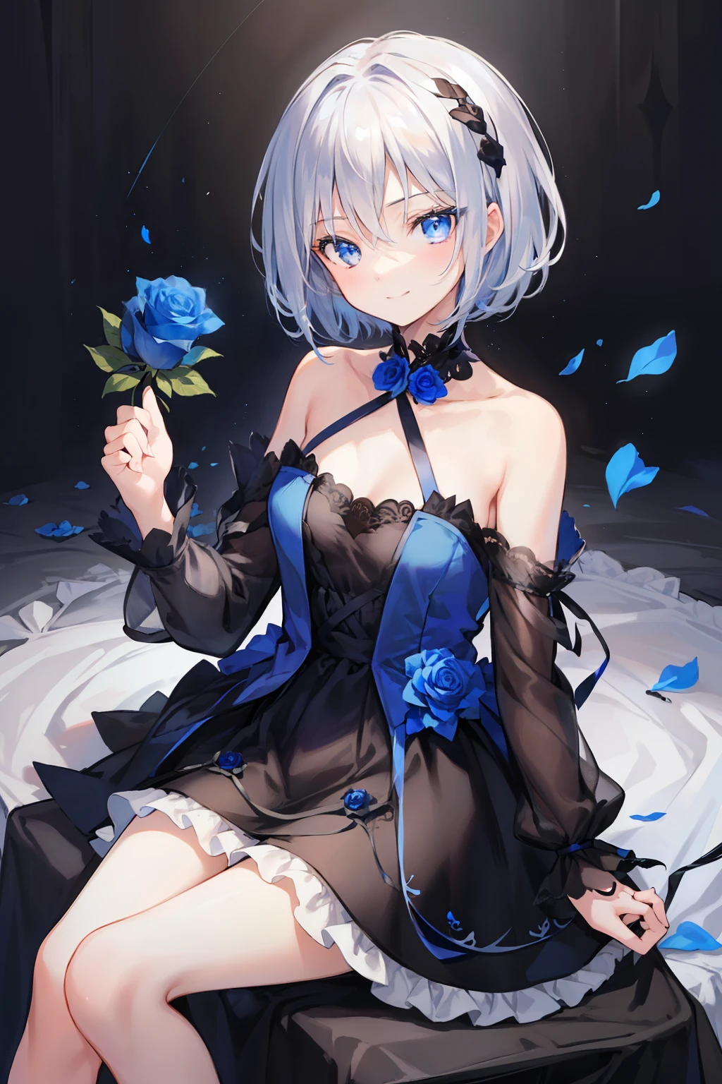 masterpiece, hyper quality, 1girl, solo girl, silver hair, blue eyes, sharp eyes, straight hair, (short hair), ((shoulder-length hair)), a black dress, frilled, long sleeves, holding a blue rose, a blue rose, (with a blue rose in one hand), sitting on the chair, little smiling, a small smile, little bright background