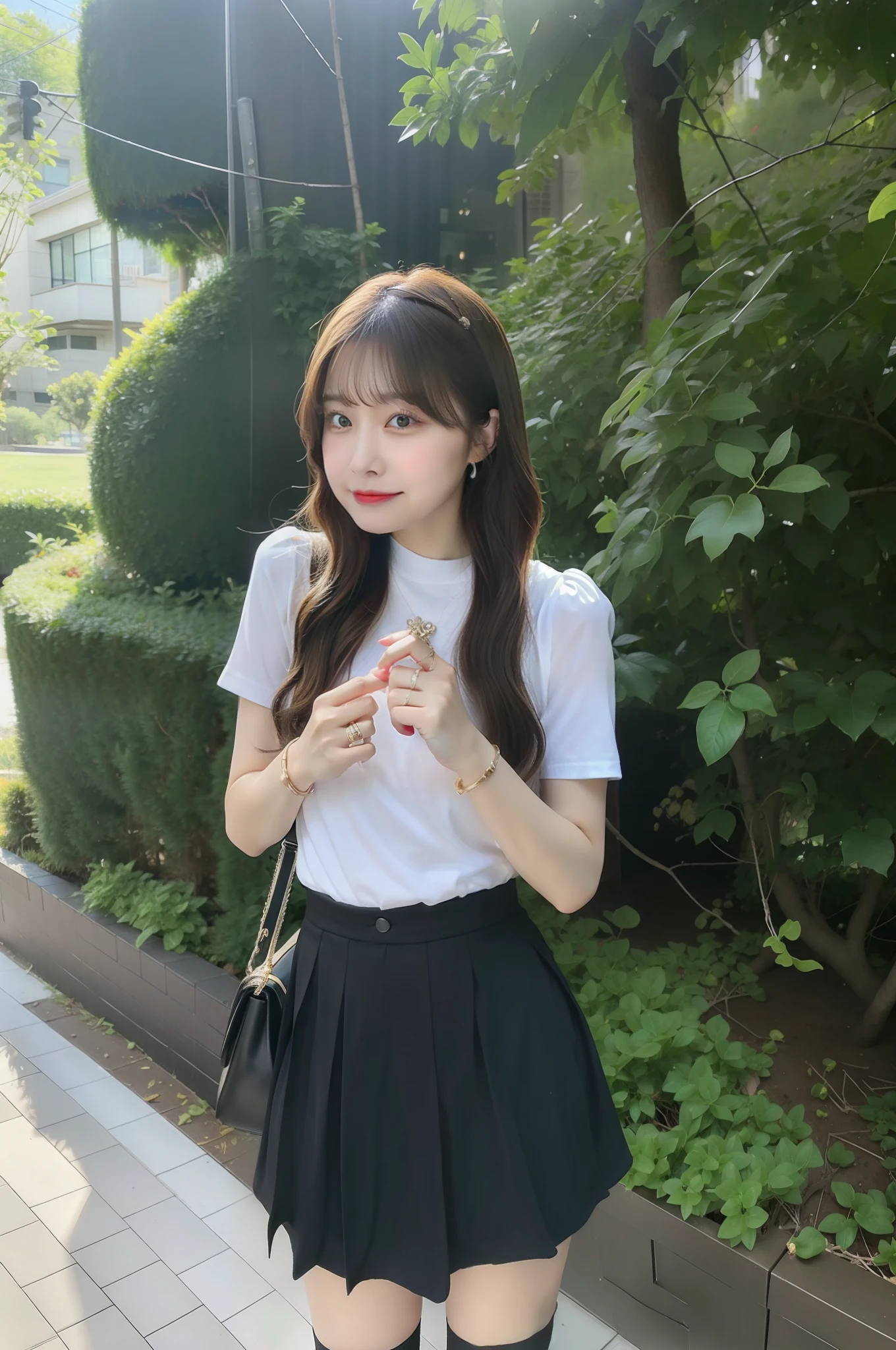 An arafi woman wearing a white shirt and black skirt and holding a red umbrella, Chiho, Ulzzang, Bae Suzy, motto hole, Yoshitomo Nara, sakimichan, Shinsui Ito, Nam Jae Young, shikamimi, junko enoshima, 8K))