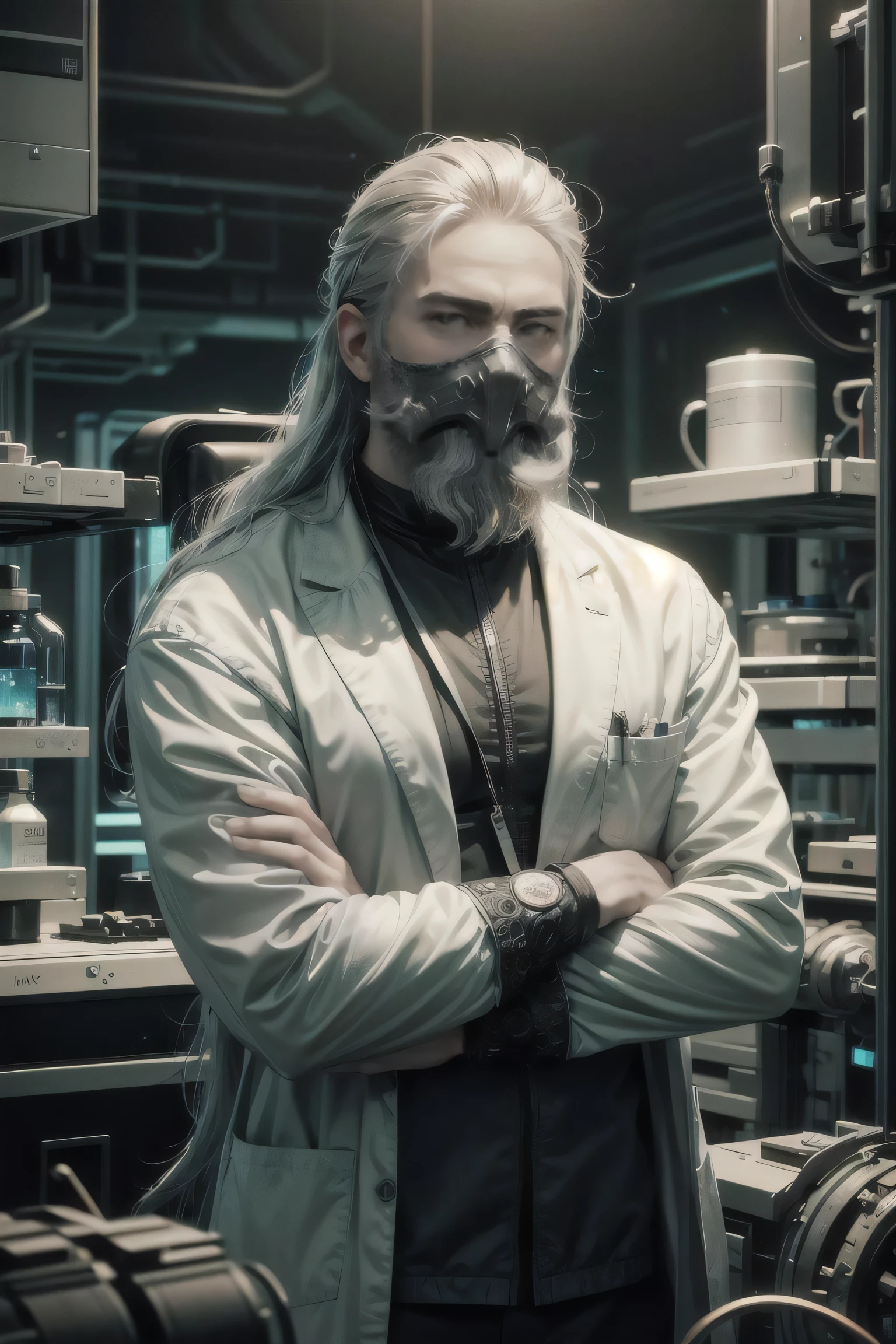 (Absurdres, Intricate Details, Masterpiece, Best Quality, High Resolution, 8k), (1man), (male:1.2), mature, aged up, dreadful face, finely detailed eyes and face, lean body, cruel and twisted menacing appearance, gaunt, thin face that seems almost skeletal in appearance, dark skin, finely detail eyes and face, mint green high and tight hair, silver eyes, Viking beard, confused, arms folded and looking directly at the camera, portrait, looking down, solo, (full body:0.6), detailed background, detailed face, (antitech, antimatter theme:1.1), researcher,  lab coat, technology,  fantastical science lab in background, biology,   virology, surgical mask,  autoclave,    , exact, Depth of Field, VFX.