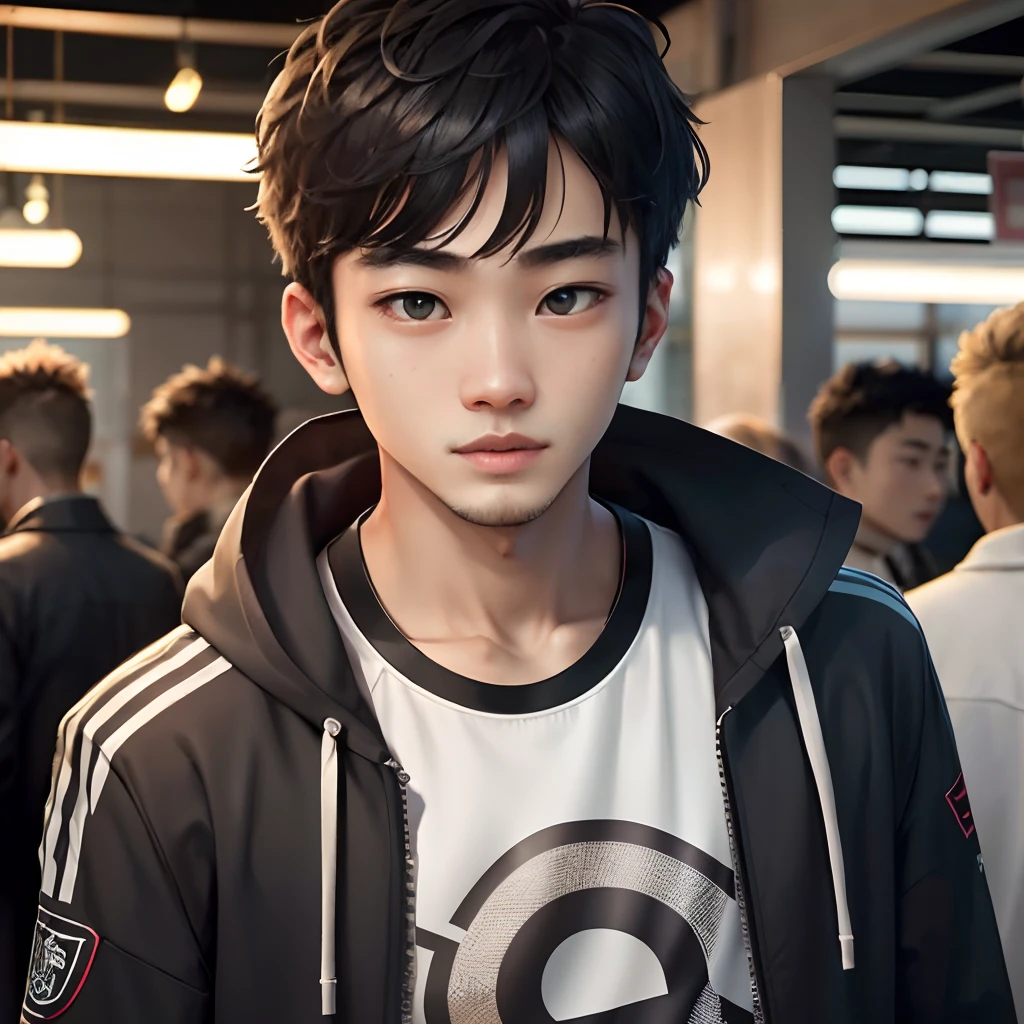 A lively and cheerful handsome teenager，Asian teenager，Wear a white t-shirt and black jacket，Has blue eyes，Real Human，A sense of future technology，No beard。Charming double eyelids