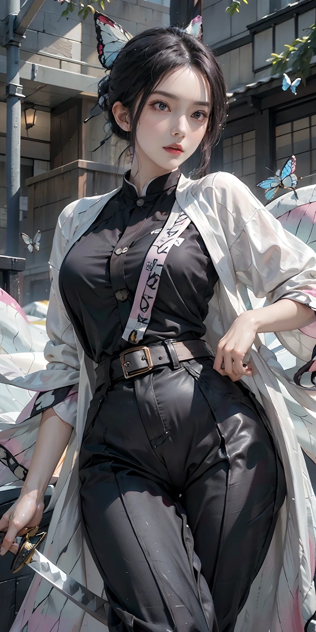 photorealistic, high resolution, soft light,1women, solo, hips up, (detailed face), nami \(one piece\), tattoo, jewelry,kochou shinobu,multicolored hair,no bangs,hair intakes,purple eyes,forehead,black shirt,black pants,haori,butterfly,buttons,belt, katana