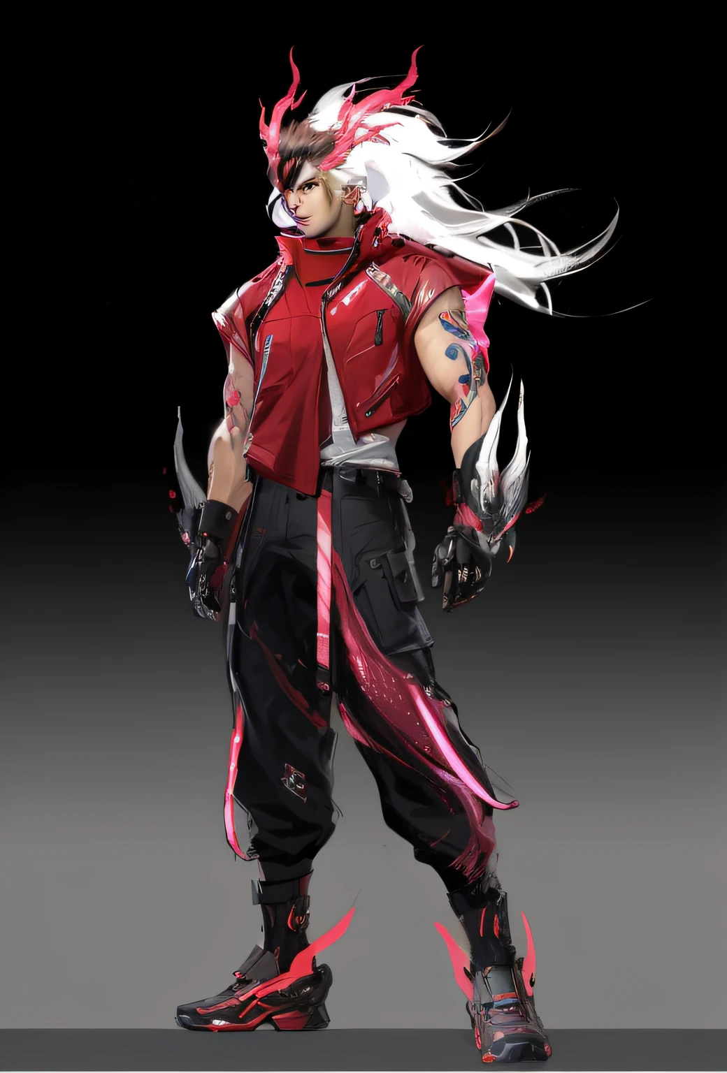 a close up of a person in a red jacket and black pants, ( ( concept art of character ) ), fighting game character, Character artwork, 8k character concept art, 8 k character concept art, concept art character, full body concept, cyberpunk character design, official character art, As a character in Tekken, Feng Zhu concept art, Amazing 8K character concept art