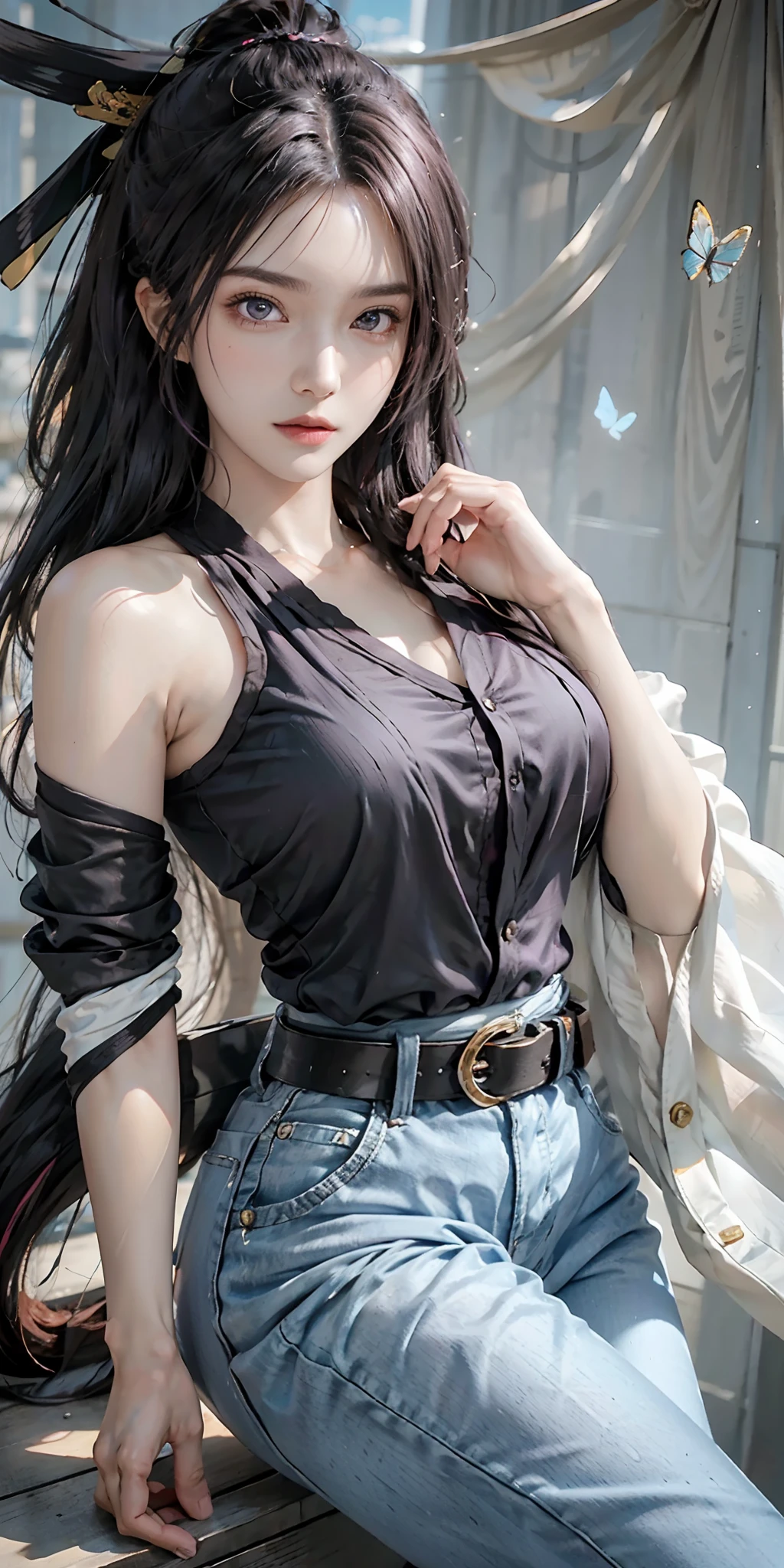 realistic, 1 women, best quality, 12k, HD, long hair, big round breasts, cleavage, ponytail, necklace, jewelry, shorts, short jacket, slim hips, hair tie, yellow eyes, black hair, super detailed, Eye details, hair details, person details, mouth details, face details, breast details, clothes details, hair details, pants details, hand details, whole body