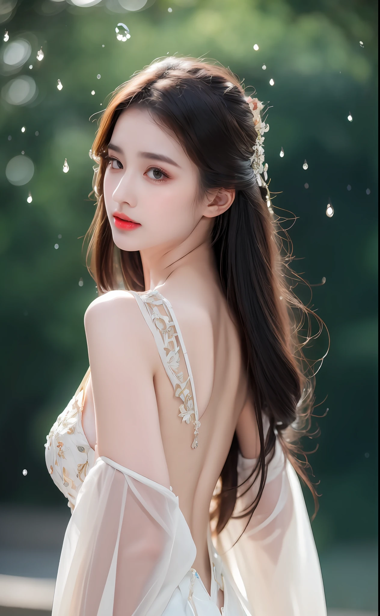 ((Best Quality, 8k, Masterpiece: 1.3)), Focus: 1.2, Perfect Body Beauty: 1.4, Buttocks: 1.2, ((Layered Haircut)), (Wet Clothes: 1.1), (Rain, Street:1.3), (Breasts: 1.2), (Hanfu: 1.2), Bare Shoulders, Bare Legs, Highly Detailed Face and Skin Texture, Fine Eyes, Double Eyelids, Whitened Skin, Long Hair, (Shut Up: 1.5), (Bokeh Background: 1.5), Big Breasts