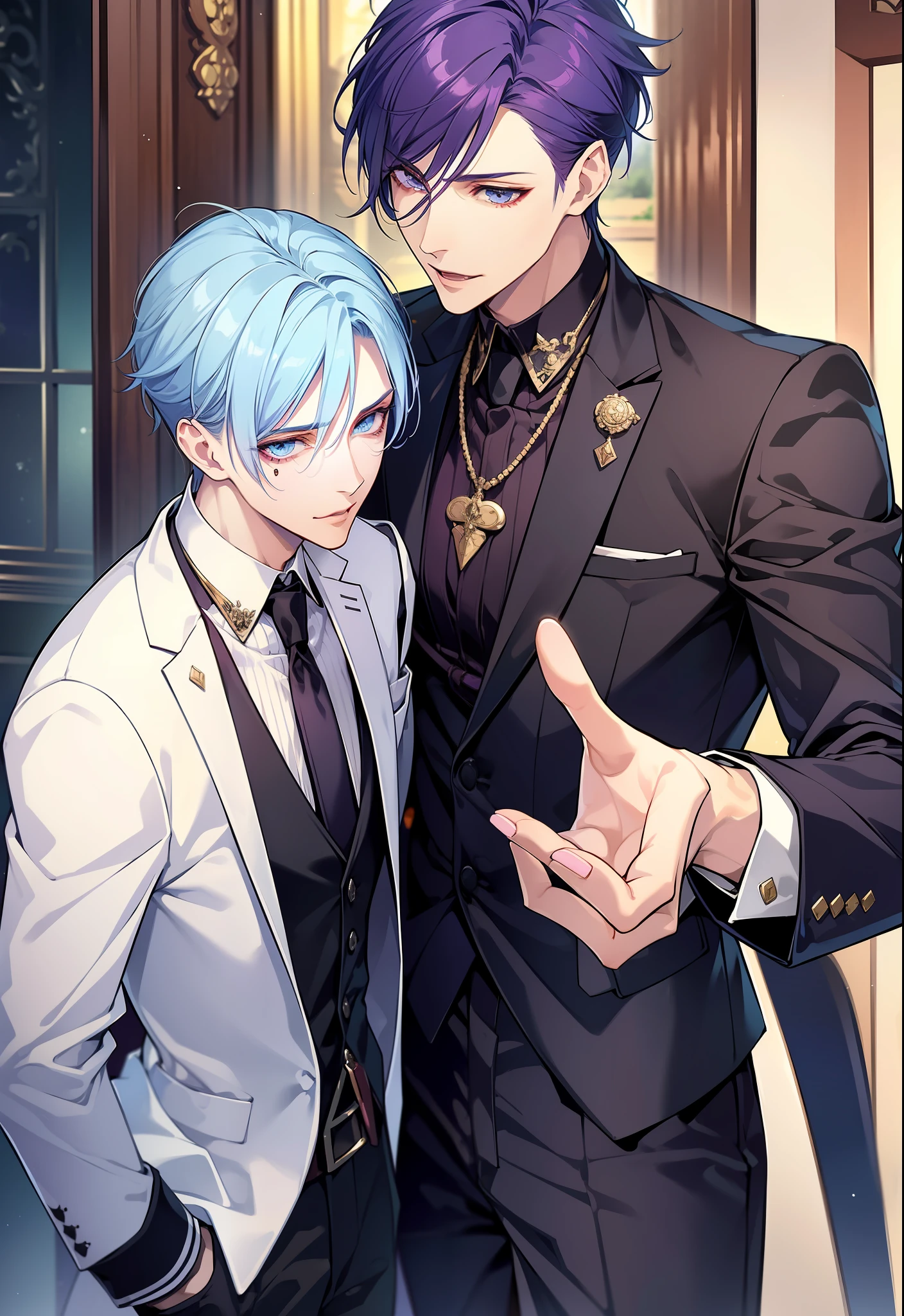 masterpiece, top-quality, 2Others, Male couple, 1 man and 1,, Adults, Height difference, different fashion, different color, finely eye and detailed face, intricate detailes, Black Butler Fashion, Modern urban streets, A smile, Happiness, tenderness, queers, Boys Love, high-level image quality、 Two beautiful men、tall、The upper part of the body、nightfall、nighttime scene、𝓡𝓸𝓶𝓪𝓷𝓽𝓲𝓬、Korean Male, k pop, Professional Photos, Vampires, Fedoman with necklace, inspired by Sim Sa-jeong, androgynous vampire, :9 detailed face: 8, extra detailed face, detailed punk hair, ((eyes are brown)) baggy eyes, Seductive. Highly detailed, semi realistic anime, Vampire butler, hyperrealistic teen, delicate androgynous prince, imvu, short hair above the ears, Man with short hair, With a purple-haired man with a wild expression, Man with light blue hair with gentle expression, With a short-haired man with bright purple hair, Man with light blue hair