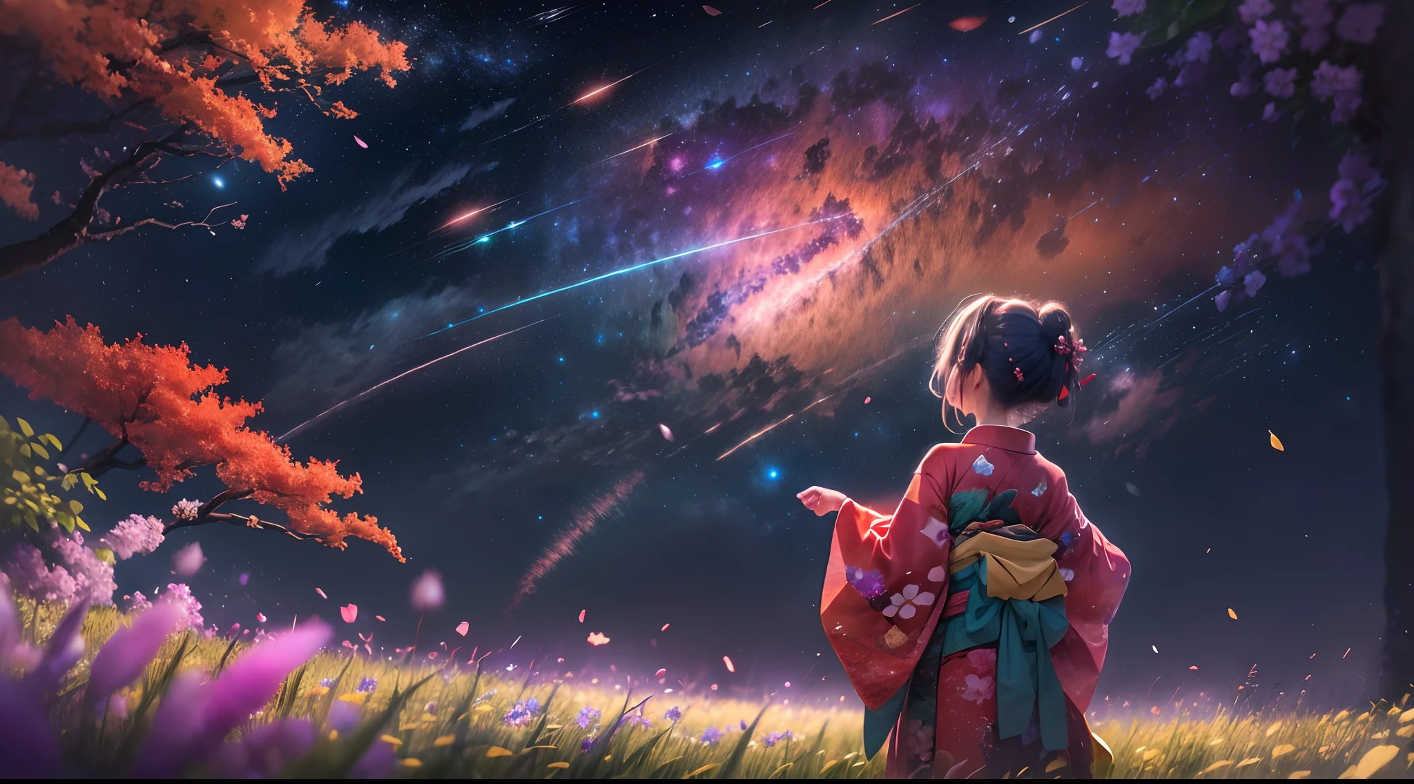 1girl, distant girl wearing a kimono staring at the stars, (zoomed out:1.1), (meteor shower:1.2), (comet:1.1), your name, low angle, from behind, aroura borealis, shooting star, yukata, red kimono, cherry blossoms, standing in a field,best quality, masterpiece, cloud,colorful, starry,stars,