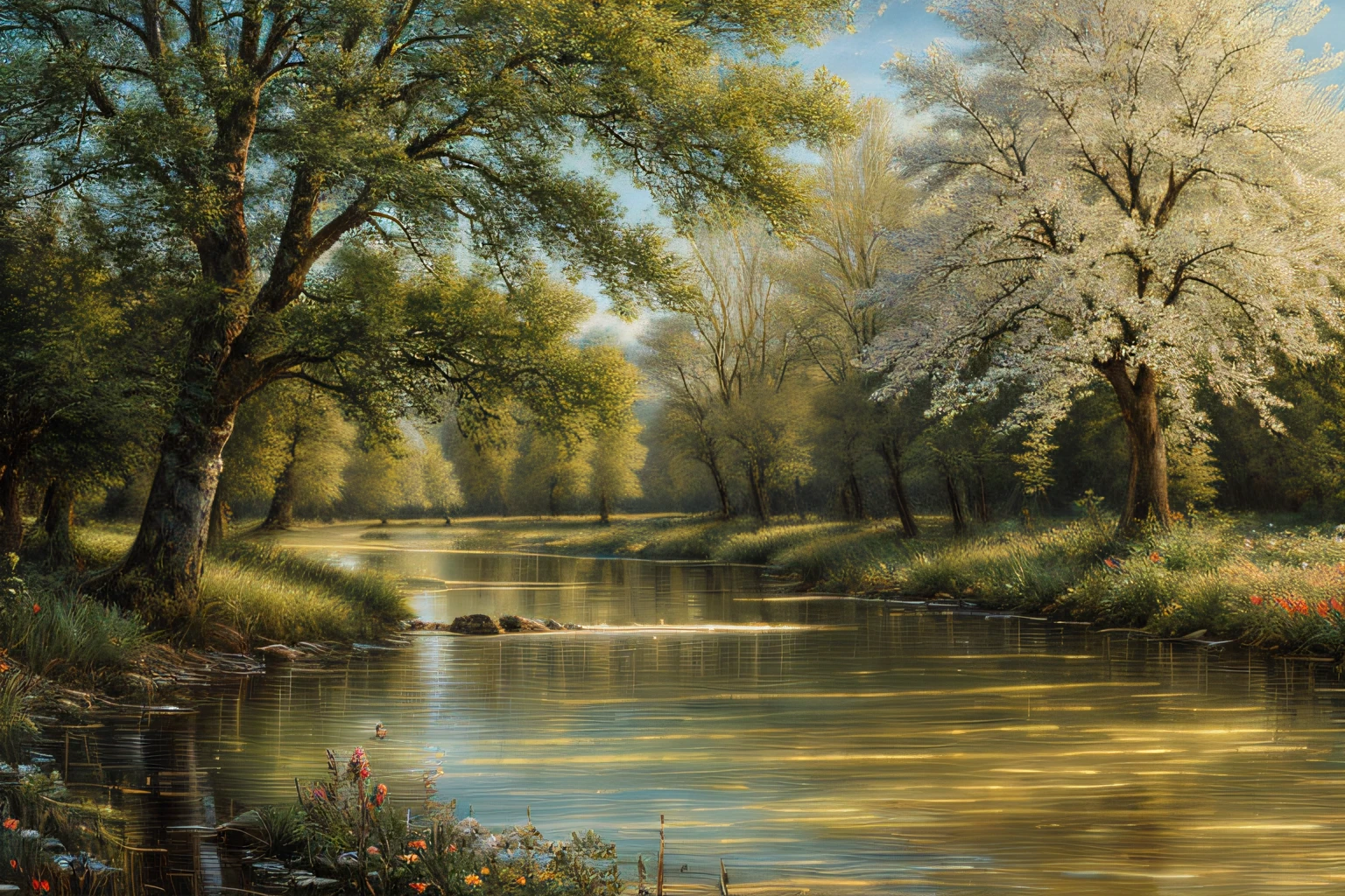 paysage,arbres, Eau, Country flowers,(Highly detailed CG Unit 8k wallpaper), The most beautiful work of art in the world, Professional majestic oil painting, complexe, High detail, mise au point nette, dramatique, Art of photorealist painting