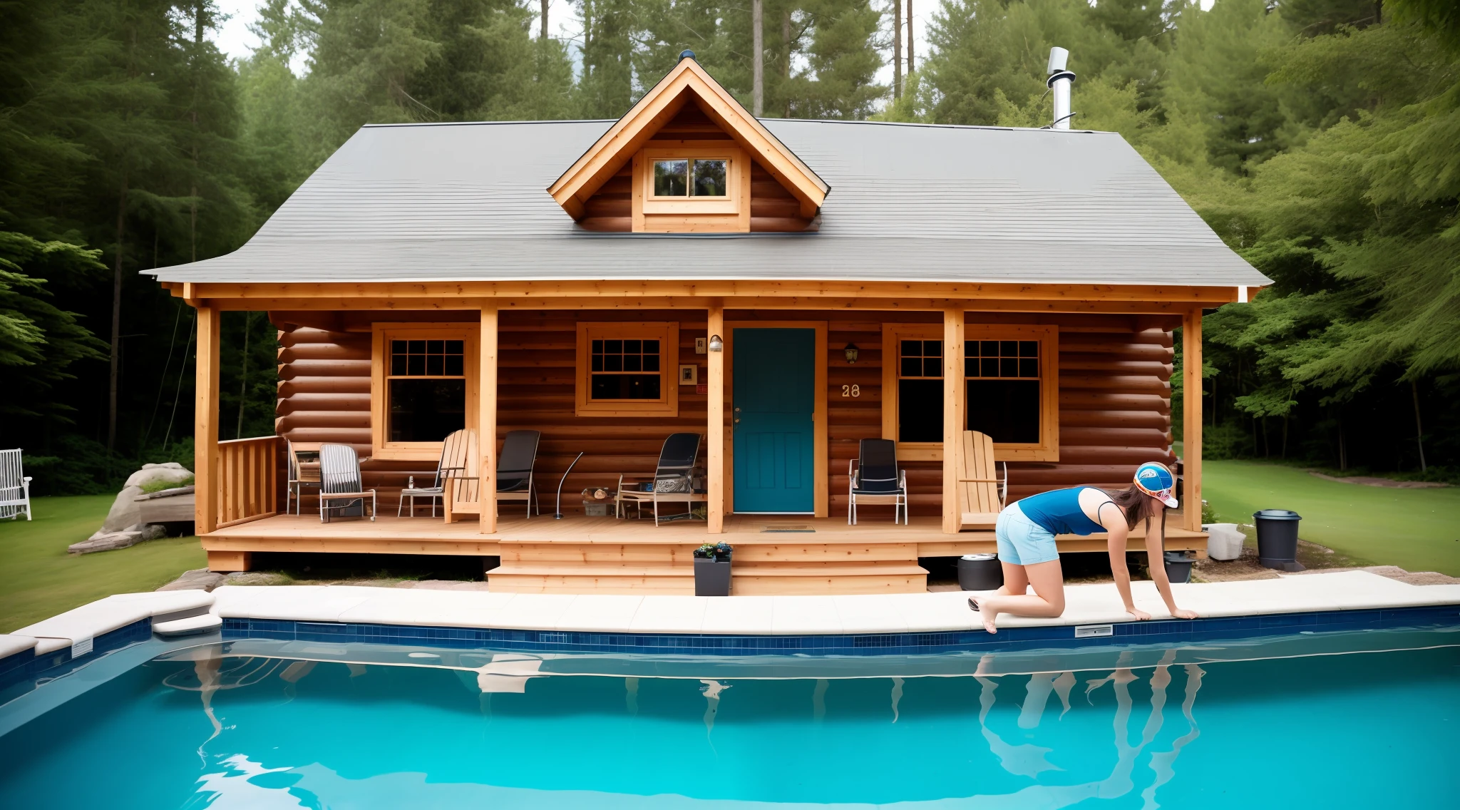 mtu，wooden cabin，janelas，yard，pools of water，Double，brunette color hair，One person propped his head in the window，One person bent over the pool