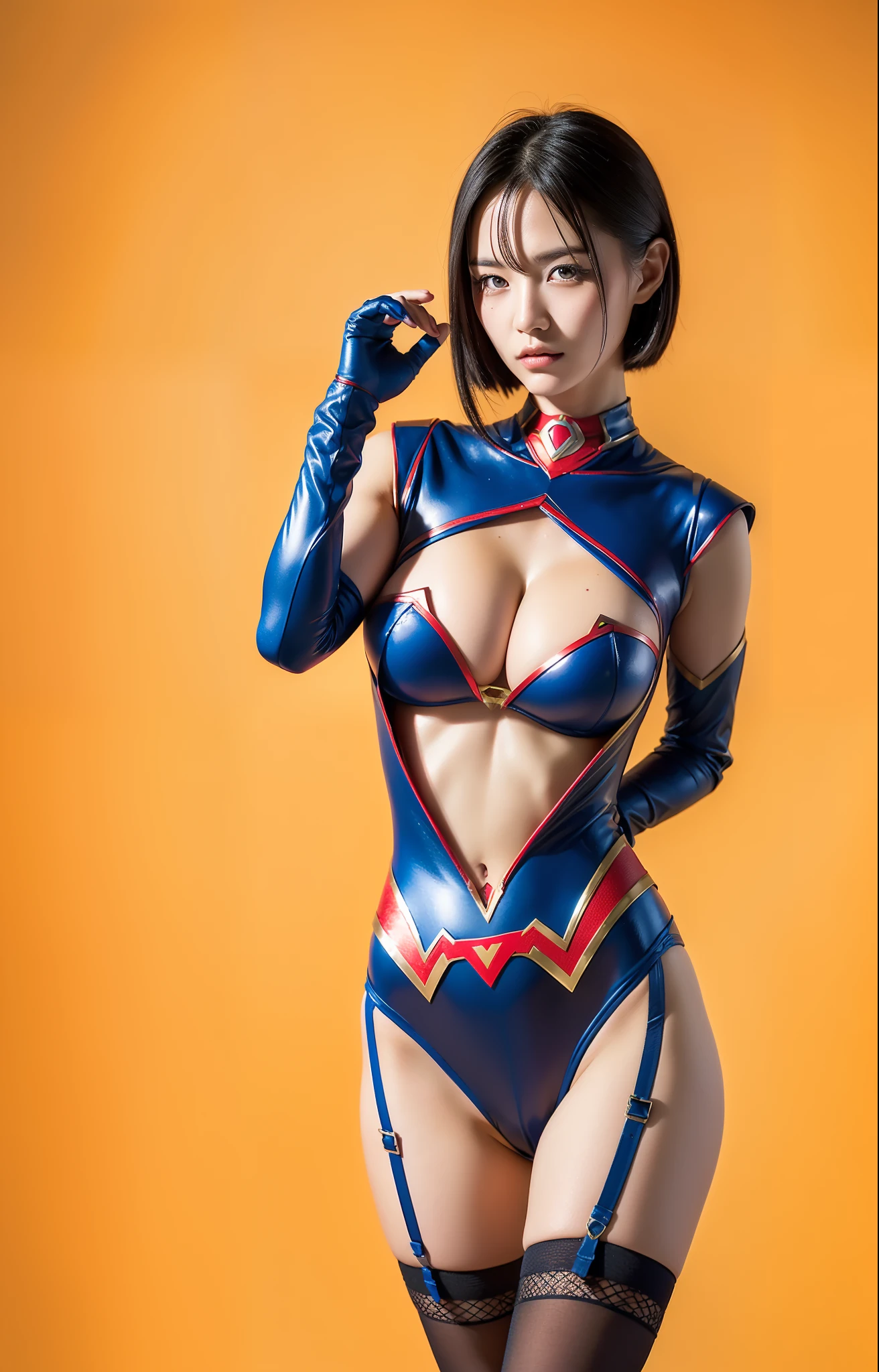 (((Make the most of the original image)))、(((superheroine costume)))、((Stockings are torn))、((Top image quality、8K))、((top-quality、8K、​masterpiece:1.3))、Crisp focus:1.2、Beautiful woman with perfect body shape:1.4、Slender Abs:1.2、((layers-Cut、large boob:1.2))、a wet body:1.5、Highly detailed facial and skin texture、Bishoujo Warrior