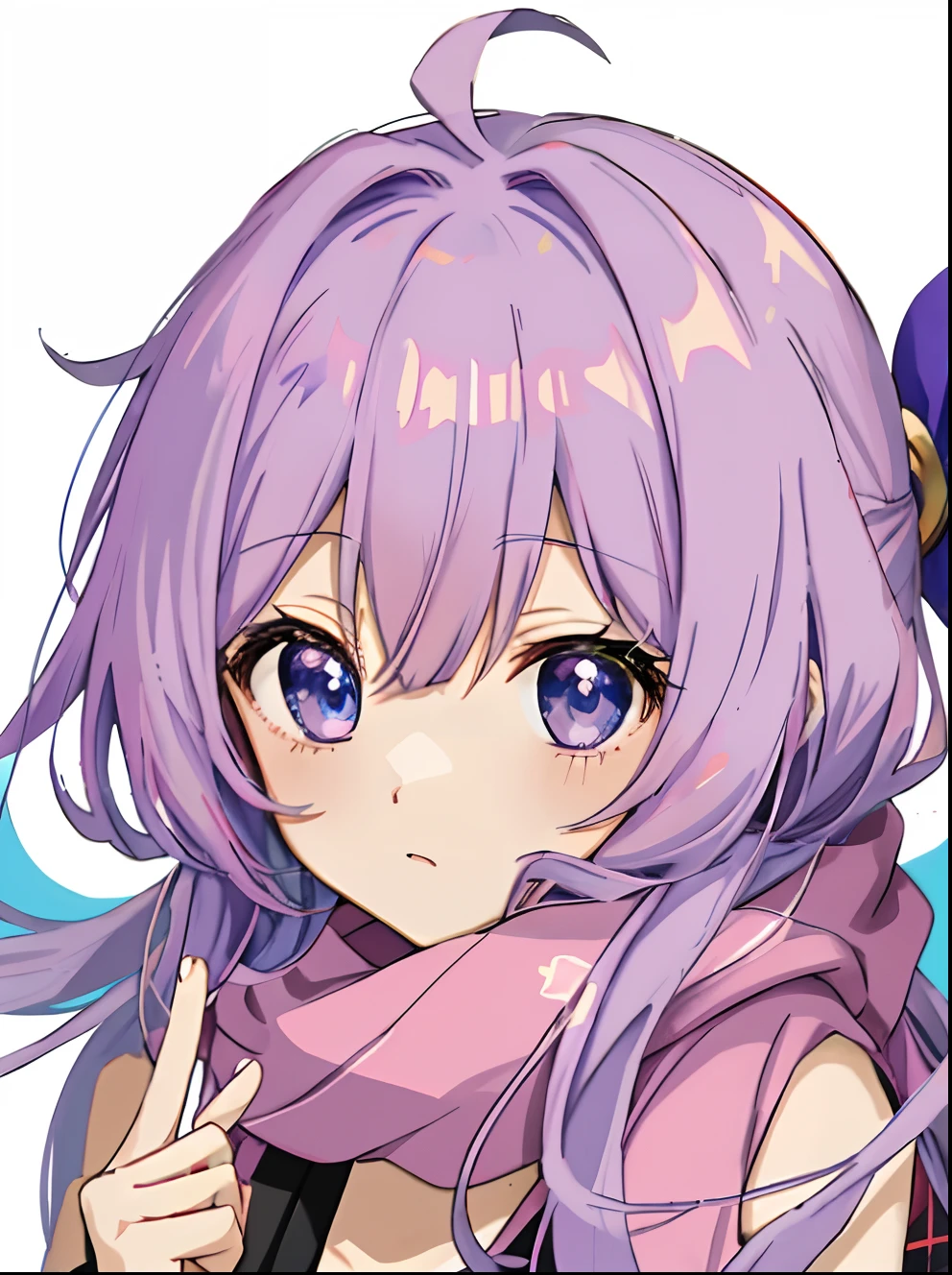 Purple colored hair、Anime characters with blue eyes and scarves, anime visual of a cute girl, anime moe art style, she has a cute expressive face, Ayaka Genshin impact, with index finger, hajime yatate, shirabii, anime girl named lucy, cute anime face, in an anime style, extremely cute anime girl face, In the anime