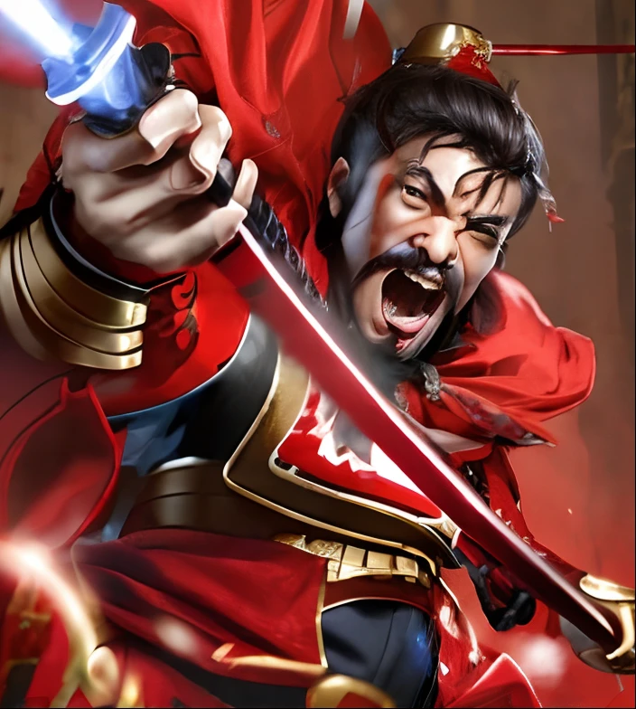 Screaming man with sword and red cloak