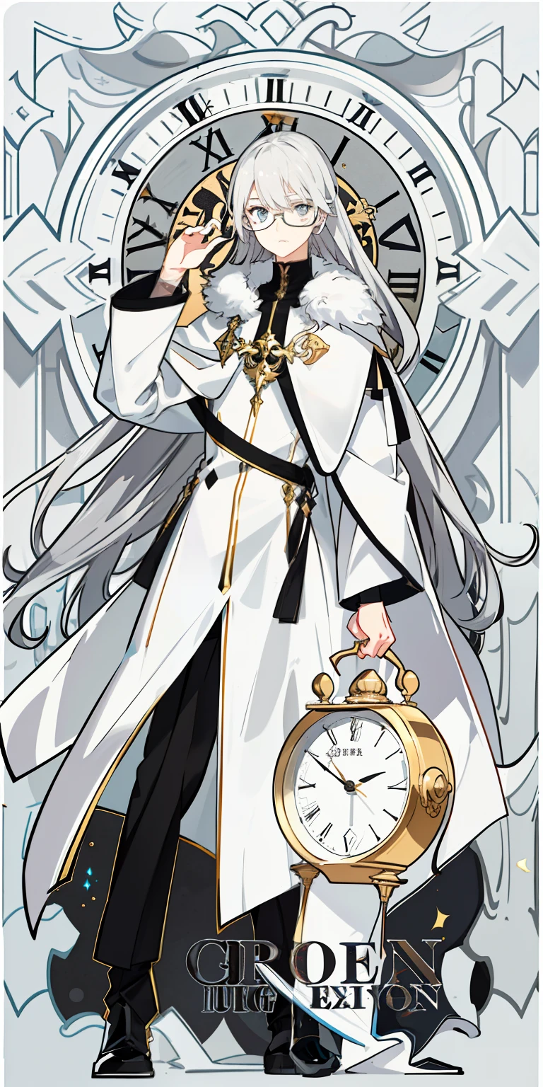 male people，Gray hair and long hair，Unilateral glasses，Heterochromatic pupils, one gold and one gray，Manteau blanc，The background is the clock