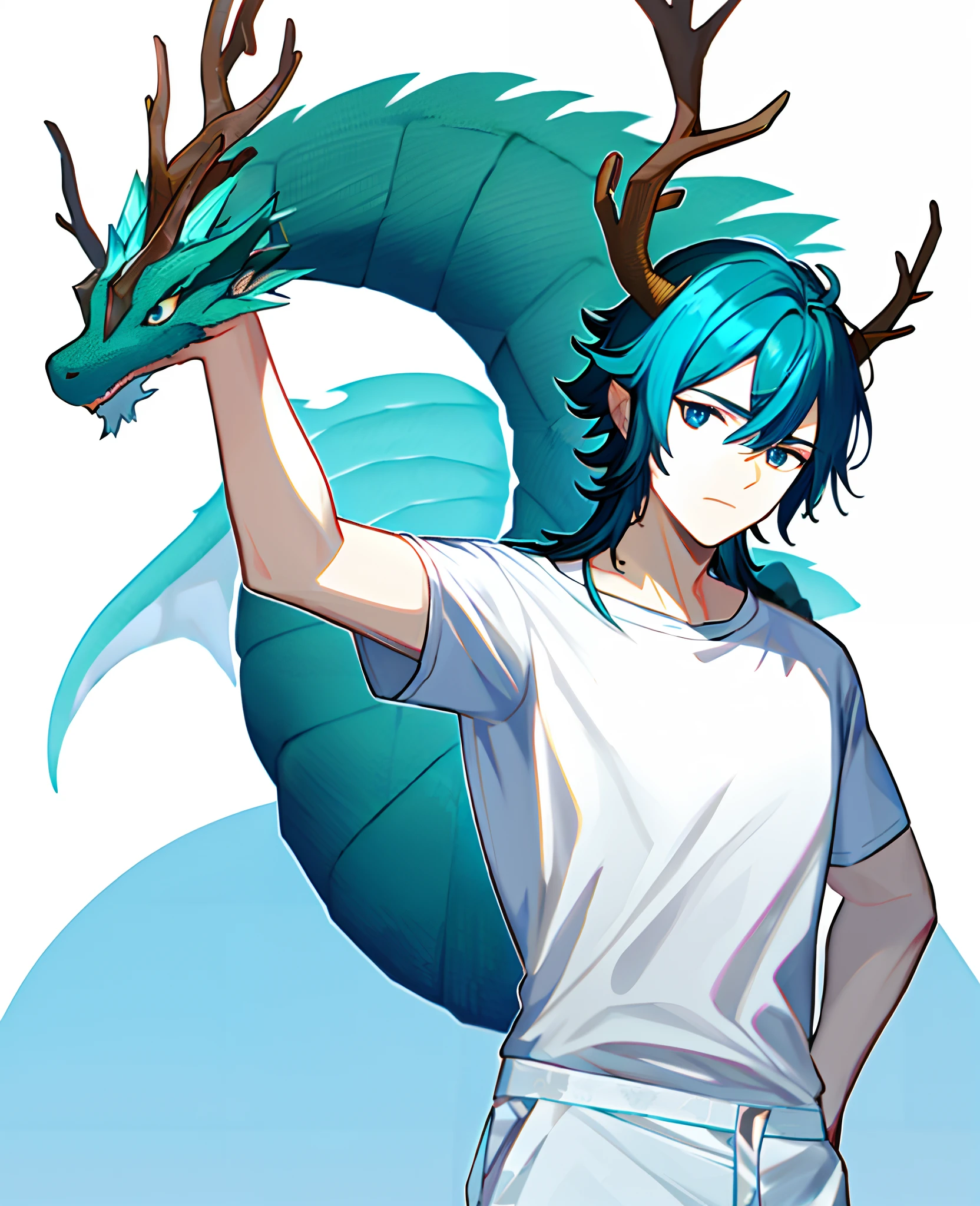 There are cyan antlers on the top of the head、Anime characters in white shirts，A prince with a refined appearance，Surrounded by a cyan Chinese dragon。