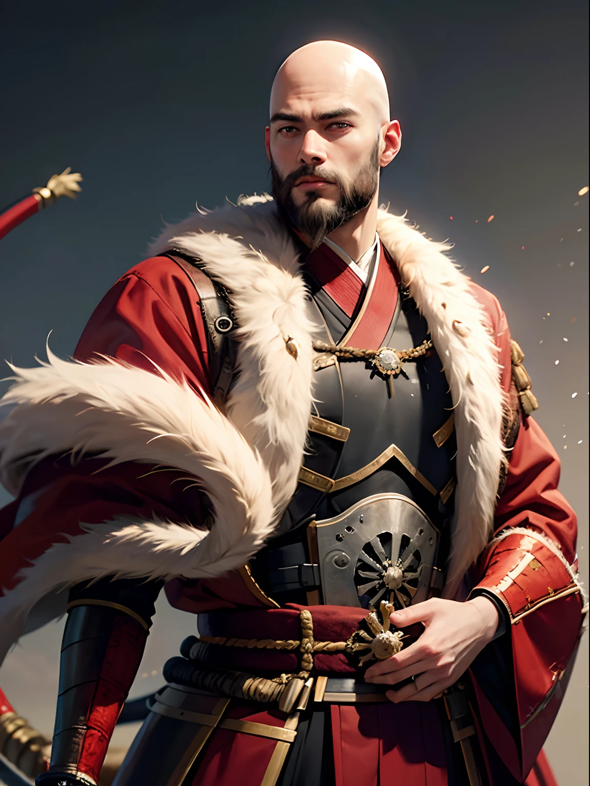 Handsome beard bald muscular kimono samurai warrior medieval