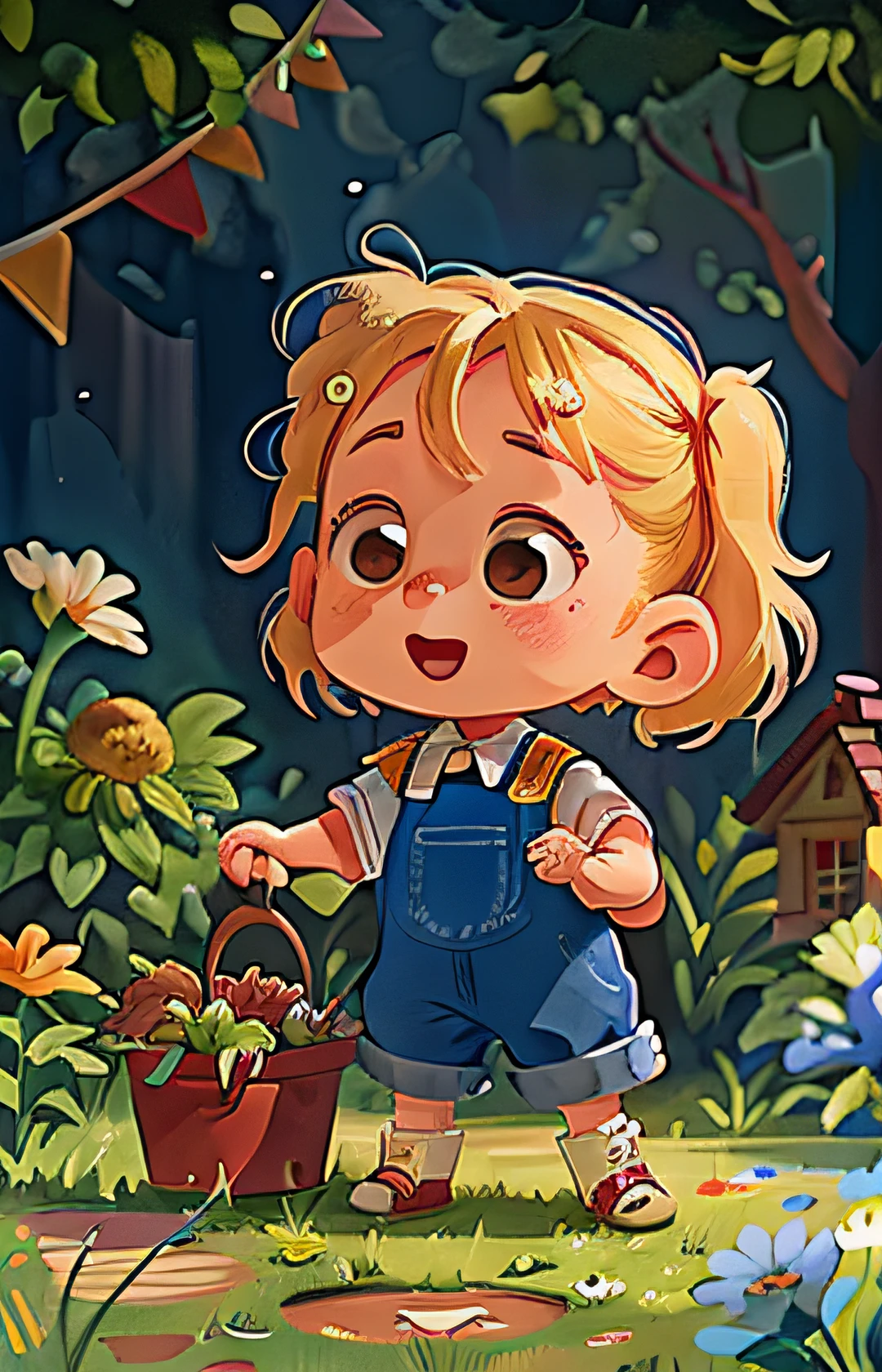Watercolour. Character on white background. 6 Year Old Blonde Girl Wearing Gardener Blue Jeans (Mess-House: 0.8), (Masterpiece: 1.2) (Realistic: 1.2) (Bokeh) (Best Quality) (Detailed Skin: 1.3) (Intricate Details) (8K) (Detail Eyes) (Sharp Focus), (Happy)