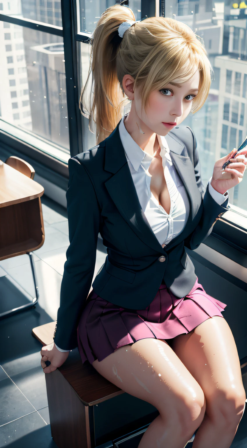 High quality, best quality, masterpiece, 8K, ultra-real, ridiculous, vibrator in panties, 1 girl, office, blonde, business suit, pen holder skirt, standing with legs extended: 1.1, blush, ponytail, wet panties, sitting, wet floor, (open clothes, expose entire breasts, flirt skirt: 1.1),