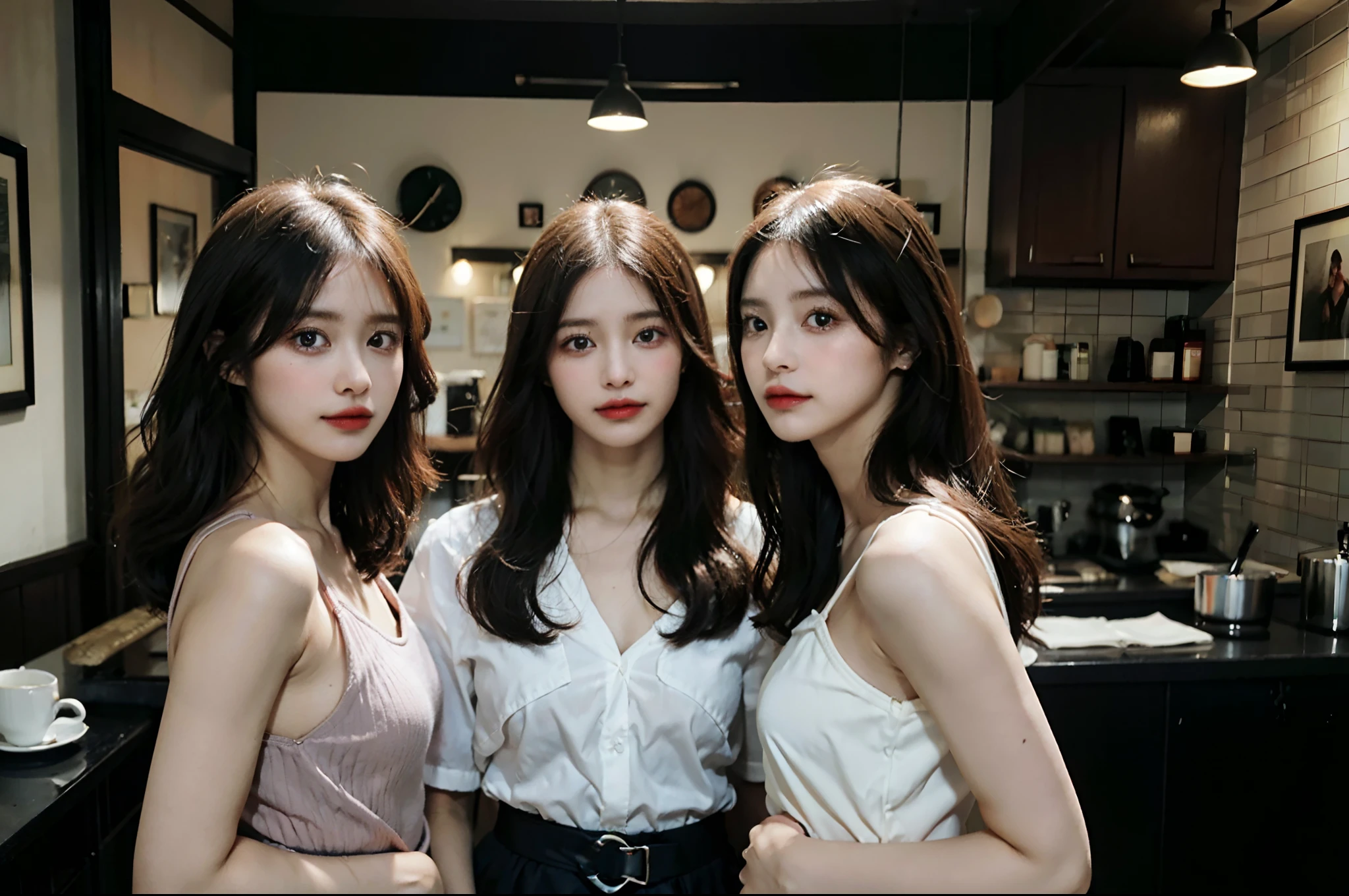 4girl(rosa), (2 men men men 0 years old:1.2), chica linda, famous japanese idol, adorable, NSFW, (:1.4), Un sexy, hetero, nipslip, Topless, extremely detailed nipple, (senos grandes:1.4), escote mamario、, Cuerpo realista, Poco, piel clara, piel brillante, cuerpo delgado, Buena figura, cabello negro oscuro,, (colas gemelas:1.2), (cabello ondulado:1.2), (flequillo opaco:1.2), They are smiling, desnudo, Enmaided　Hermoso, joven, Cara hermosa, cara bonita, Caras realistas, inventario, colorete en polvo, Ojos bellamente detallados, Droopy Eyes, ojos redondos, (Hermosos ojos grandes:1.2), grandes ojos oscuros, Ojos hermosos y claros, maquillaje de ojos, sombra de ojos, double eyelidwork, tear bag, (tanga blanca:1.2), gargantilla, pendientes, jewely, (cinta para el cabello:1.2), mirando al espectador, Disparo de vaquero, vestidura, dynamic  pose, En pie, Front view, dentro, coffee shop, coffee shop, barra,Saca el、backward facing、Facing over there. parcialmente desnuda. bikini. lenceria negra. lenceria. desnuda.