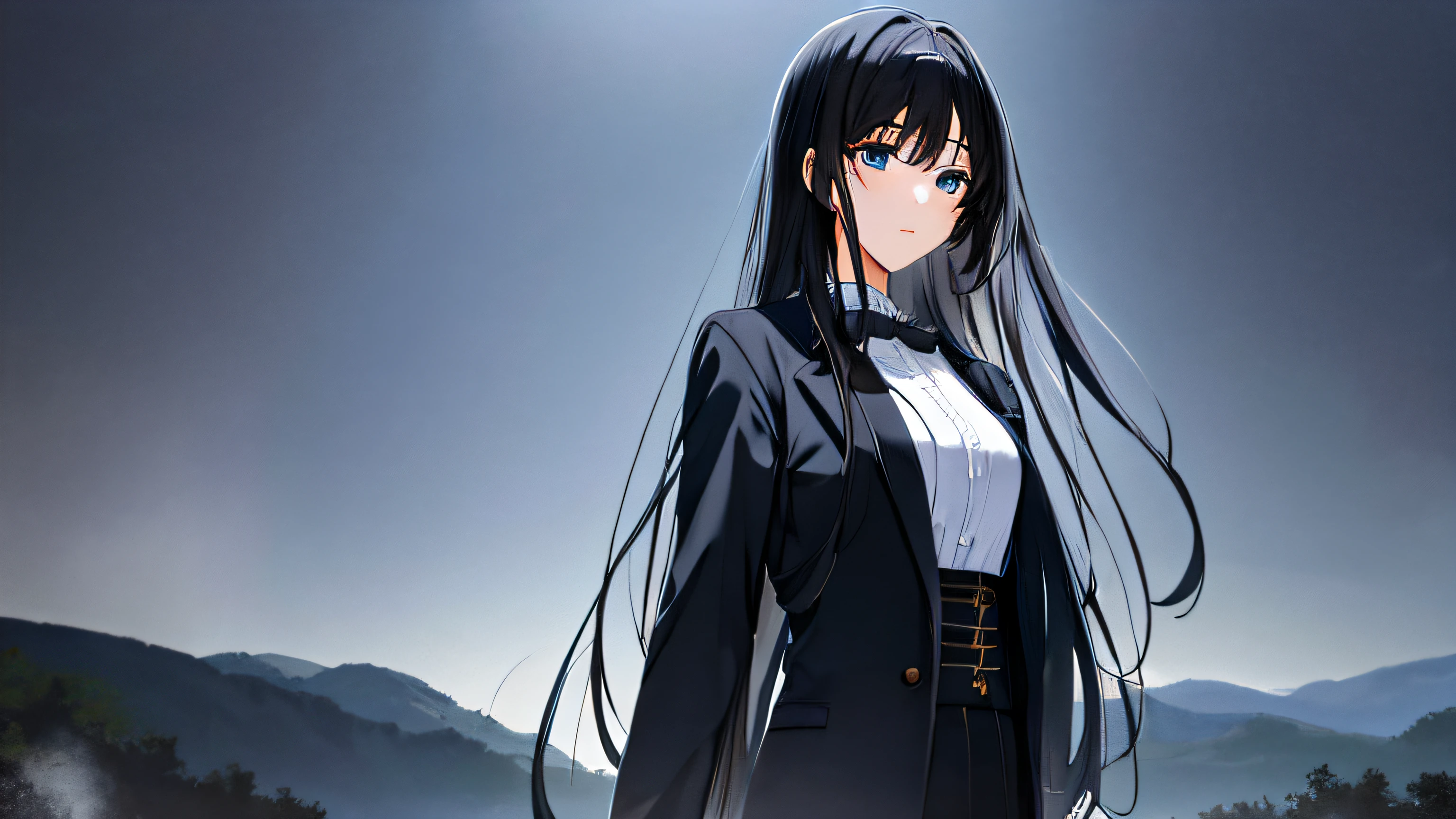 masterpiece, high quality, 8k, beautiful lighting, doga kobo, anime scene, profile, 1girl, nakamura_harumi, black hair, medium to long hair, small to medium breast, blue eyes, formal clothes, looking at viewer, calm and innocent, leaving, pitch black tunnel