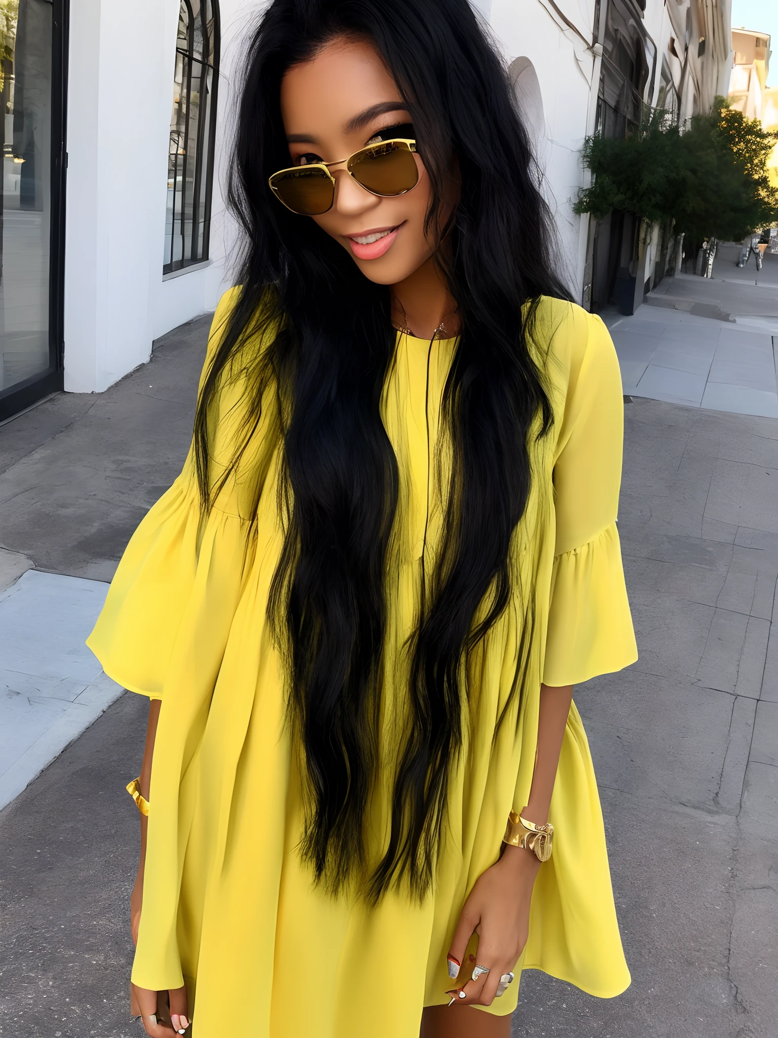 Green dress with long black hair and yellow skin