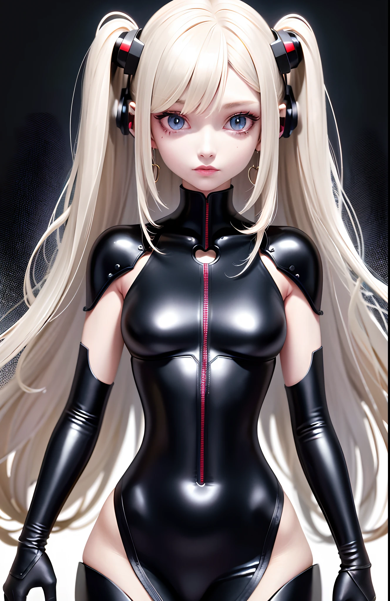 optimum,tmasterpiece,A high resolution,best qualtiy,hyper HD,super detailing,Award-Awarded,16k,独奏,(The upper part of the body),anatomy correct,Beautiful cyberpunk girl,cute face,,Gradient Beige Hair,Hairline,((Scarlet eyes)),long eyelasher,Hanging eye corners,White skin of the,(small boobs),(Slim body),((Uniforms and short jackets)),(),ear studs,(neck rings),(Laser material clothing:1.2)
