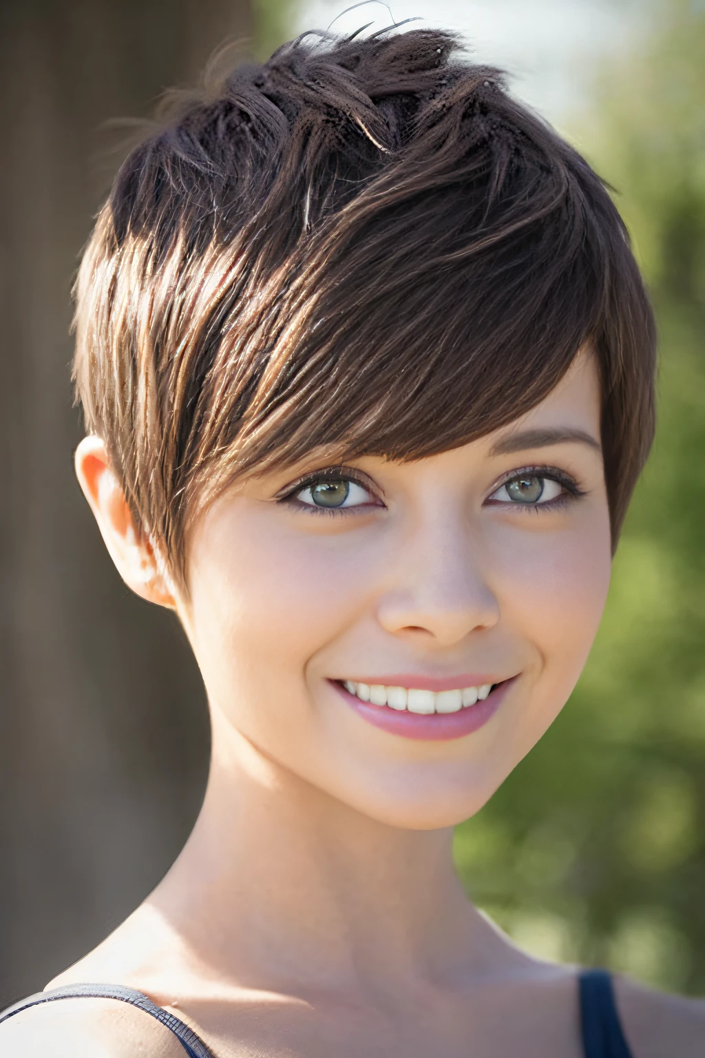 a pixie cut A smile Brown hair
