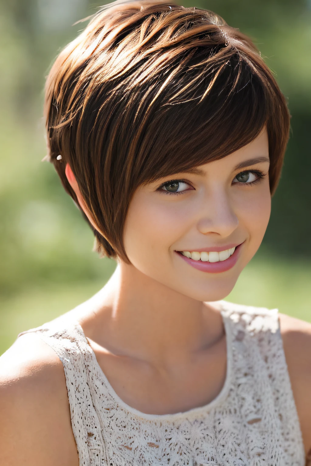 a pixie cut A smile Brown hair