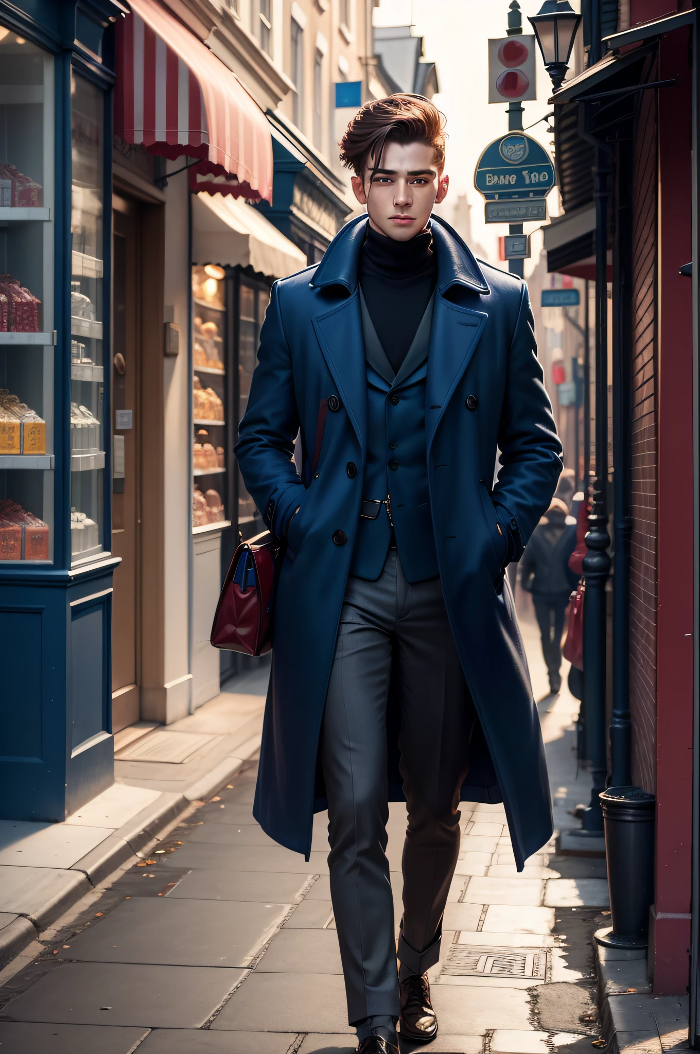 "A 23-year-old boy wearing a stylish blue coat strolls down a vibrant street that leads to a delightful sweet shop."