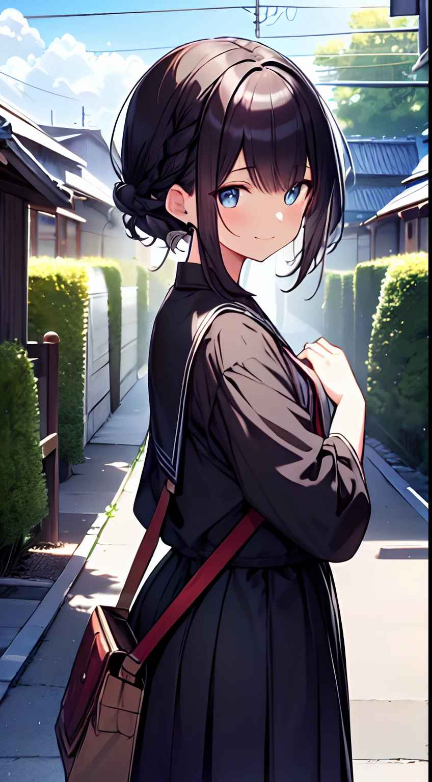 masutepiece, Best Quality,Illustration, Wallpaper, Ultra Detail, 1girl in,Solo,Beautiful detailed eyes,Very thick contour lines、Medium Short-Cut Hair、Short, Braided hair、(student clothes)、Dark hair color、a serene smile、Walking next door、Kamimei、Overlooking angle:1.2、small head