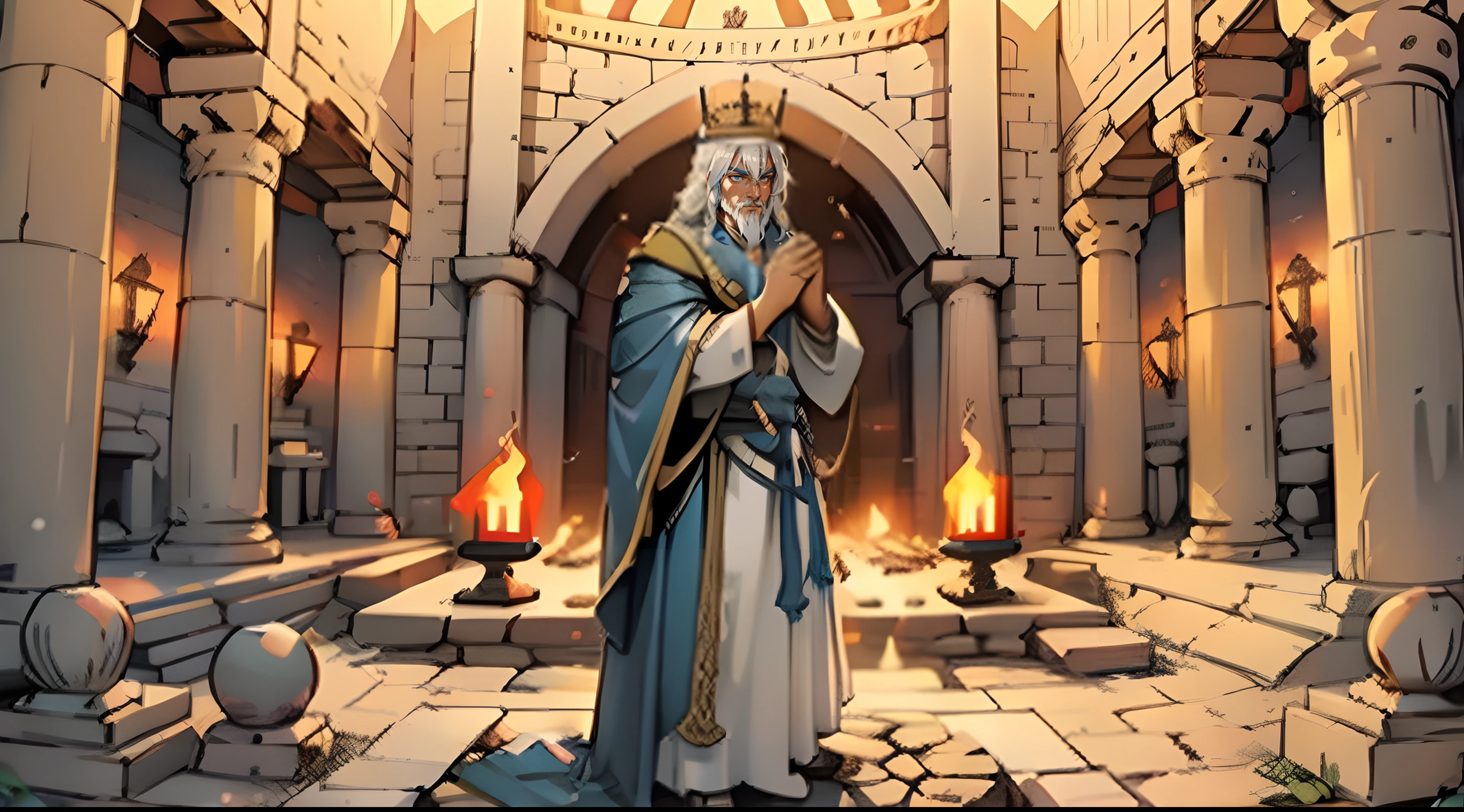 rotated, Persian king with white hair and crown and long Blue cloak  pray in the fire temple, insideand middle the temple is very big round fireplace,